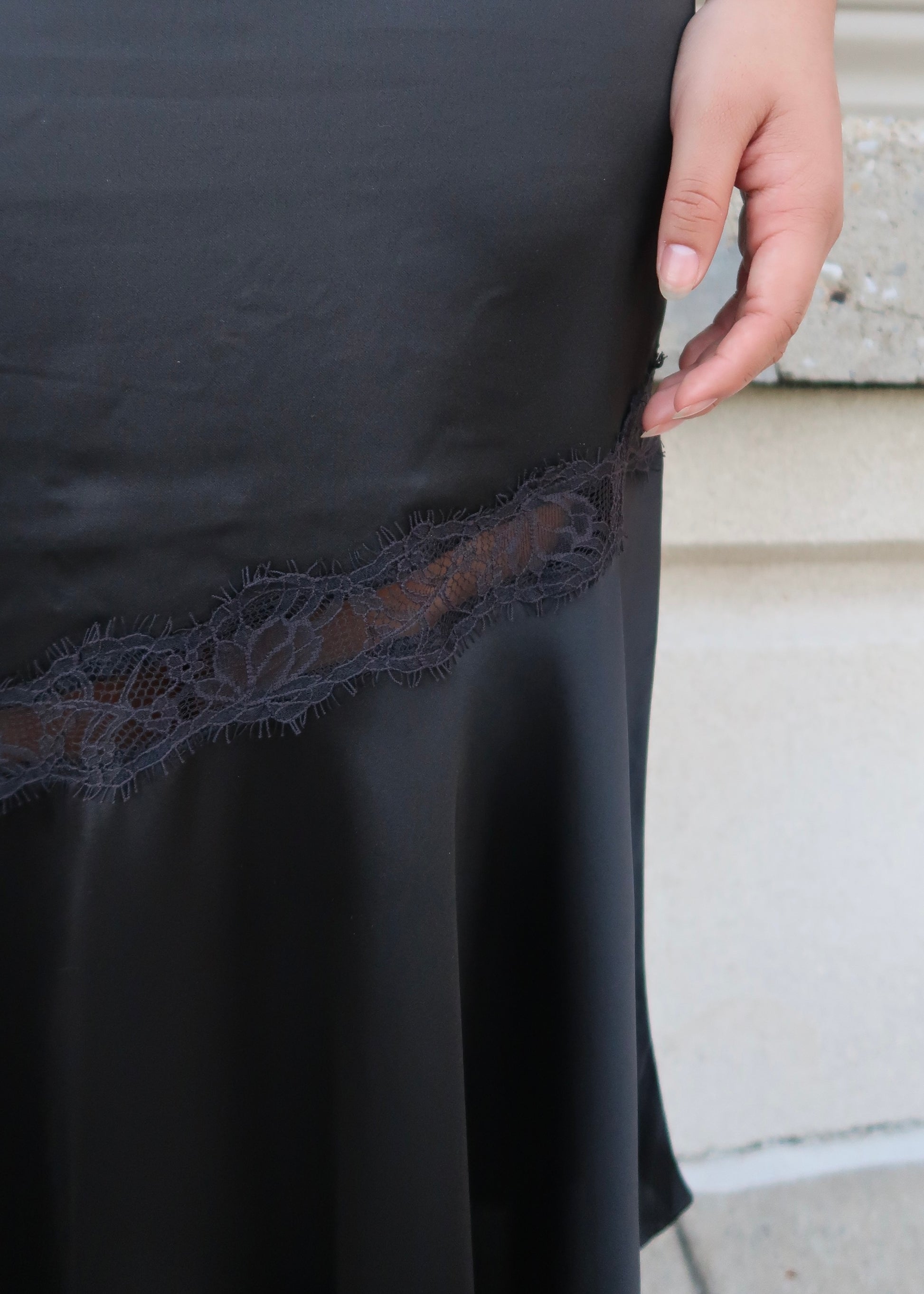 black satin asymmetrical midi skirt lace detail