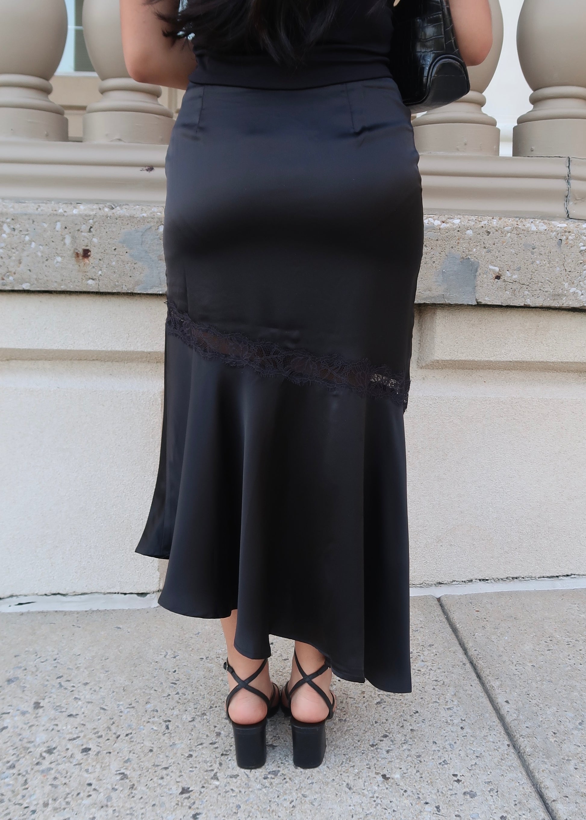 black satin asymmetrical midi skirt lace detail