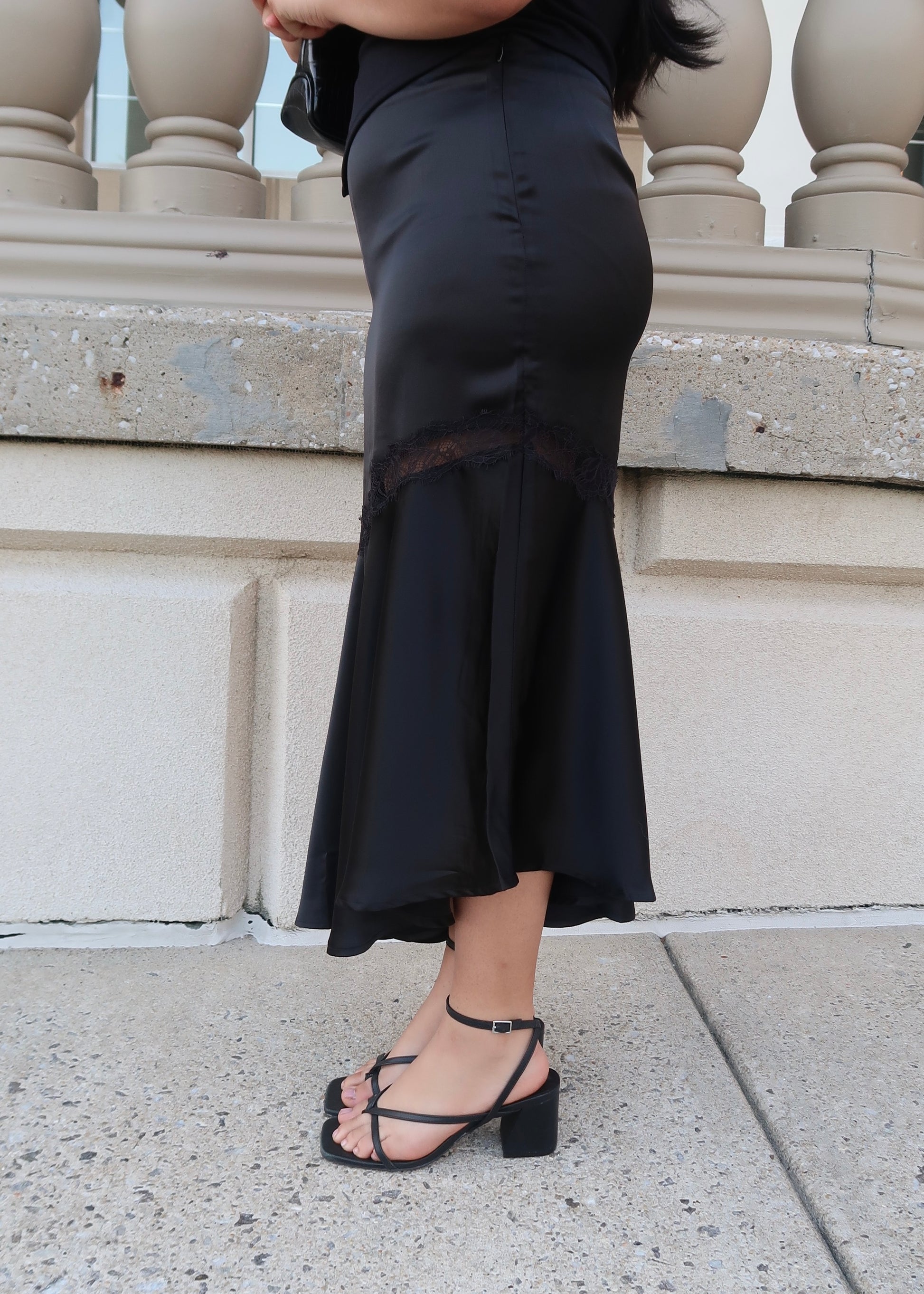 black satin asymmetrical midi skirt lace detail