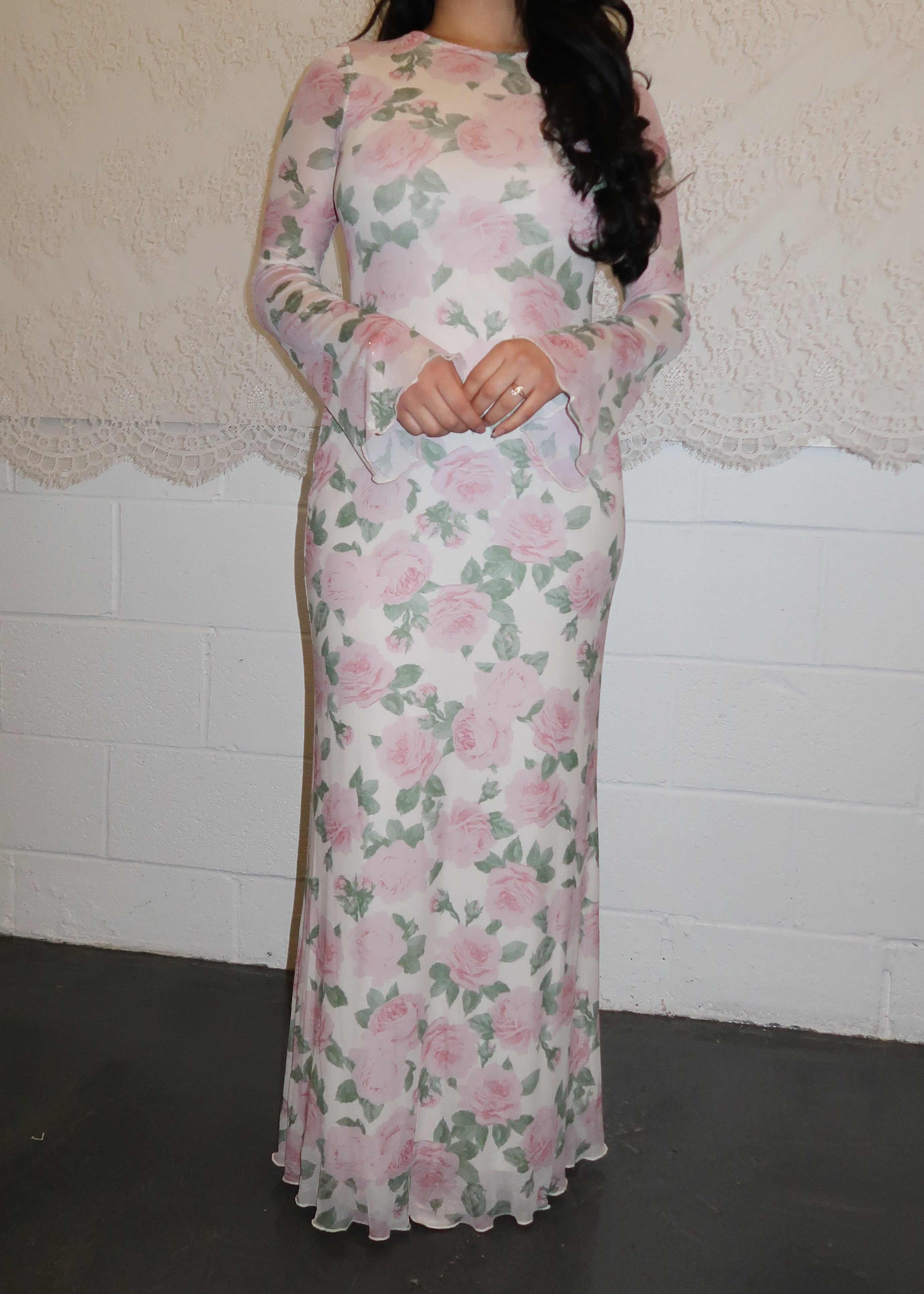 white cream floral pink maxi dress, flare sleeve, maxi length, high neck