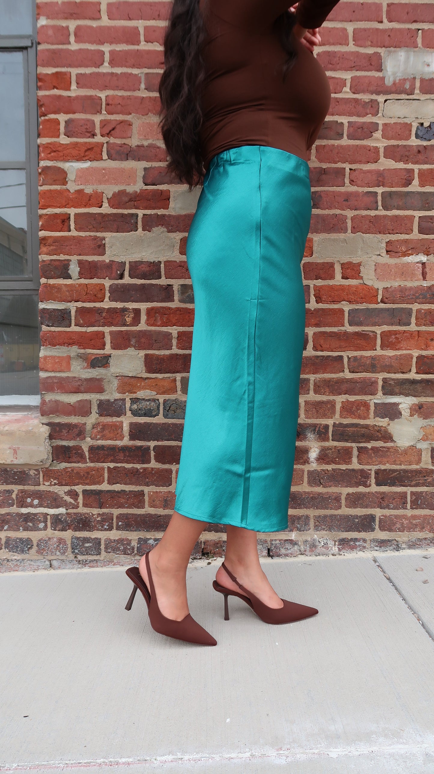 teal midi skirt, satin, blue, green