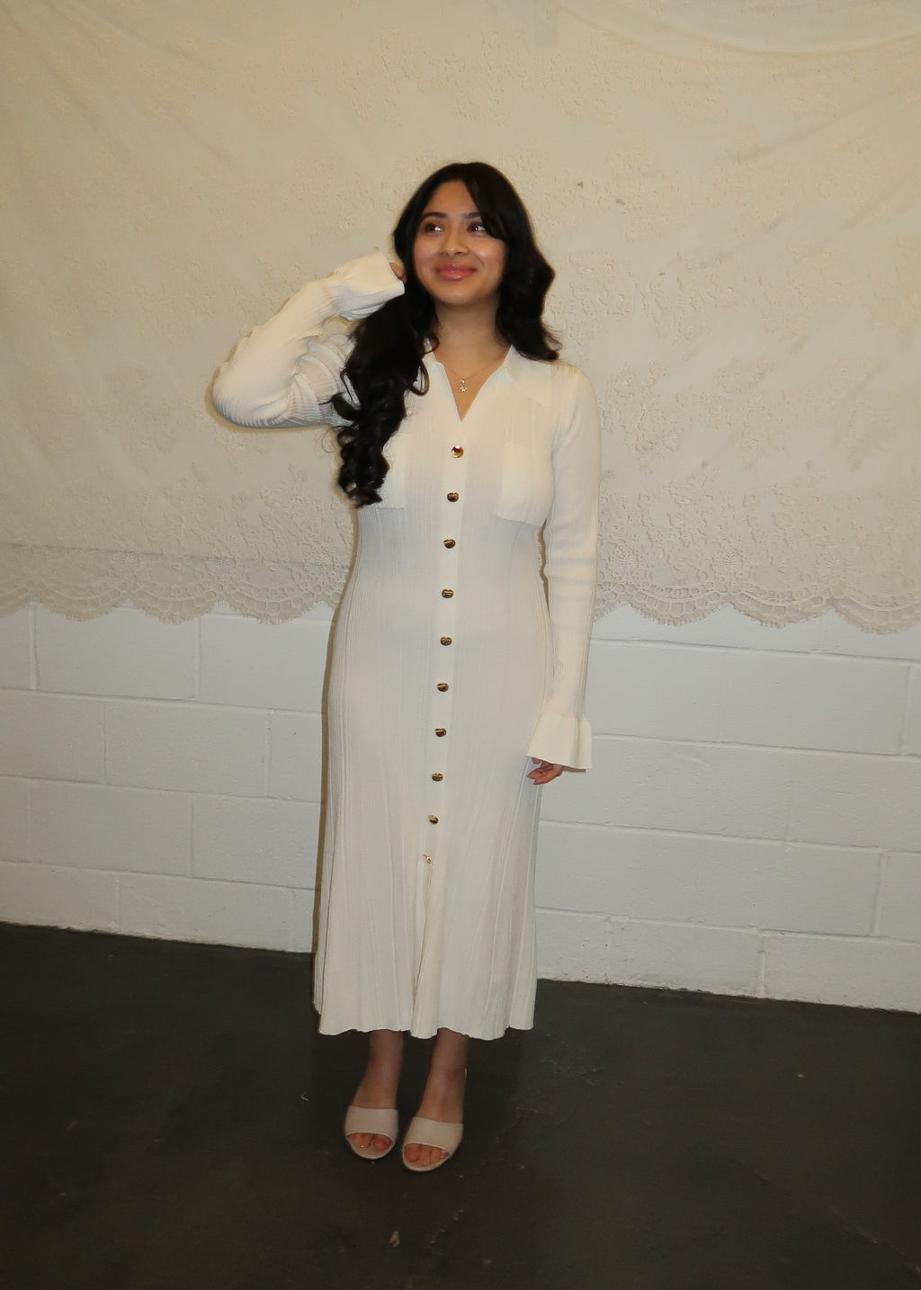 Ivory sweater dress, v-neck, collared, cuff, midi length, gold buttons, 