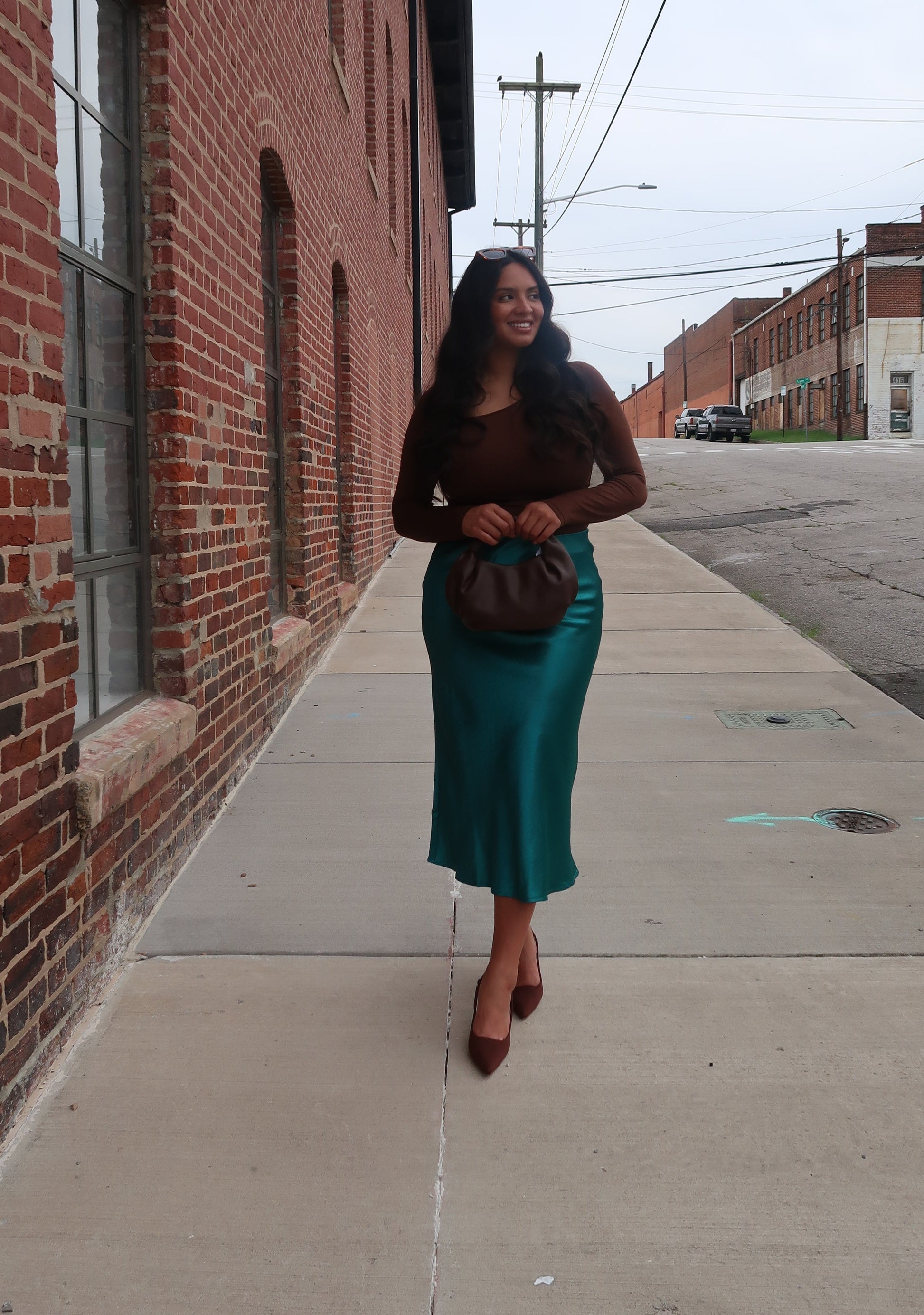 teal midi skirt, satin, blue, green