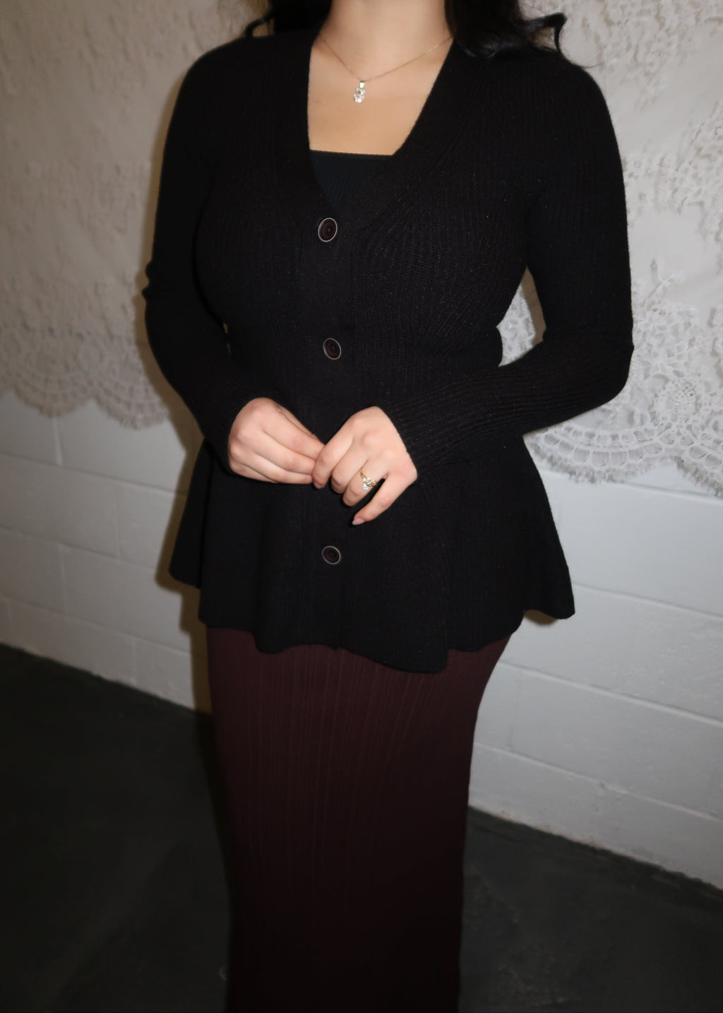 black peplum long sleeve cardigan sweater, button down, v-neck