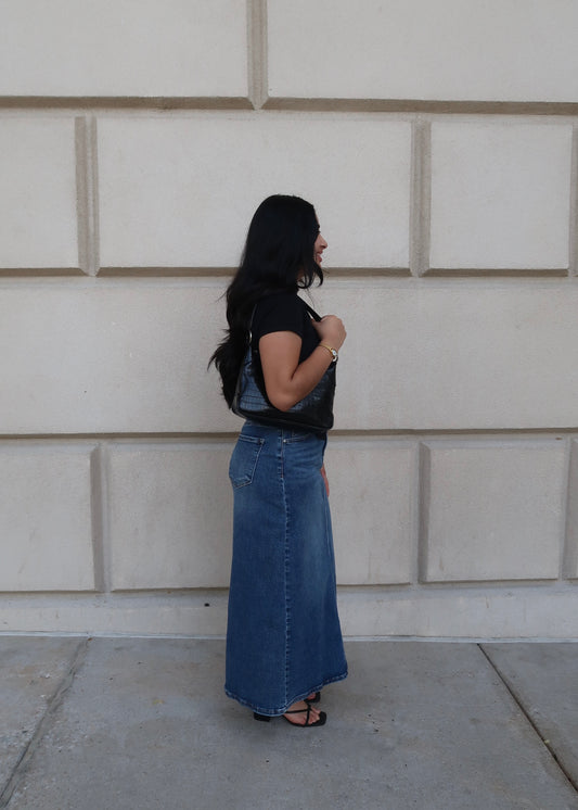 dark wash denim maxi skirt, split, high rise