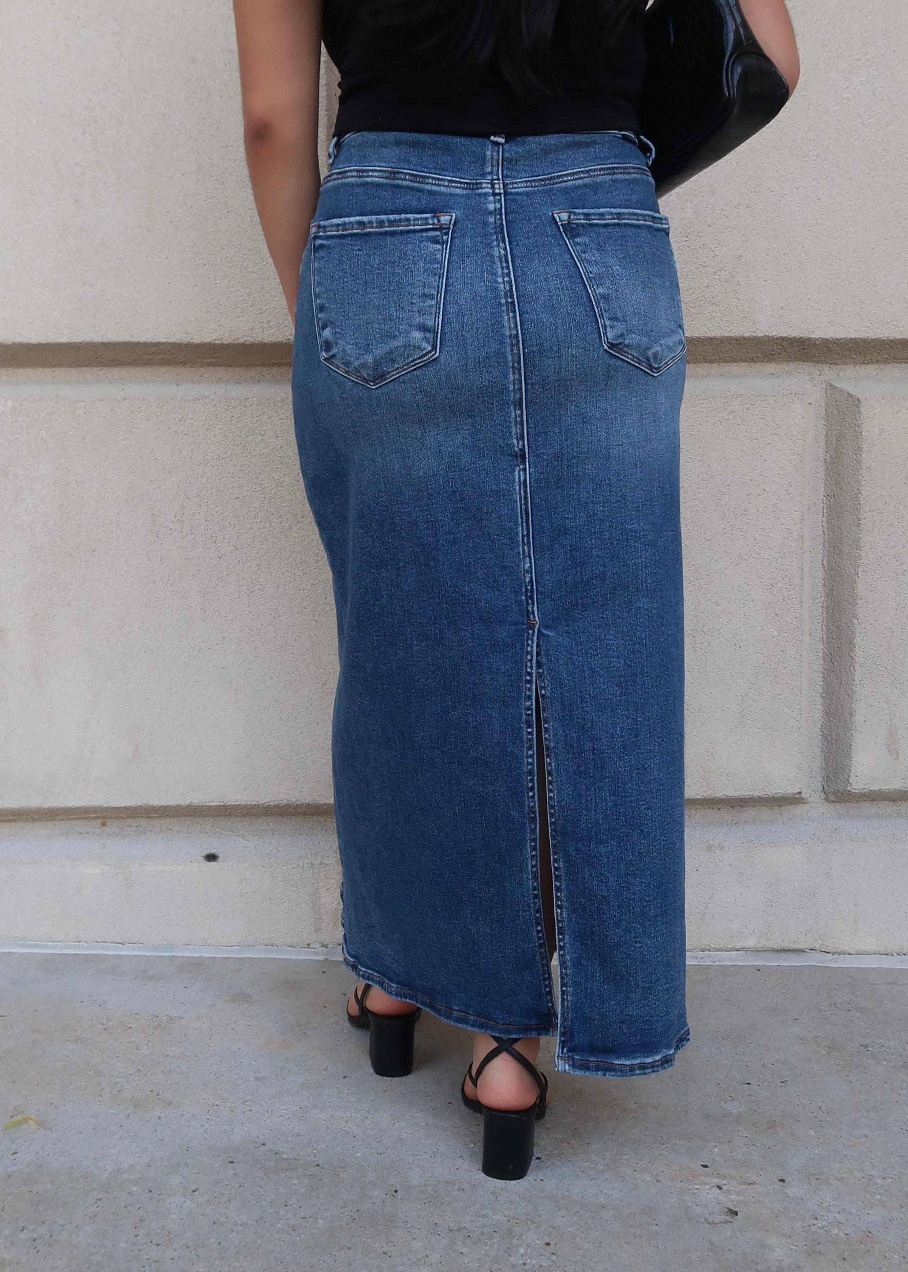 dark wash denim maxi skirt, split, high rise