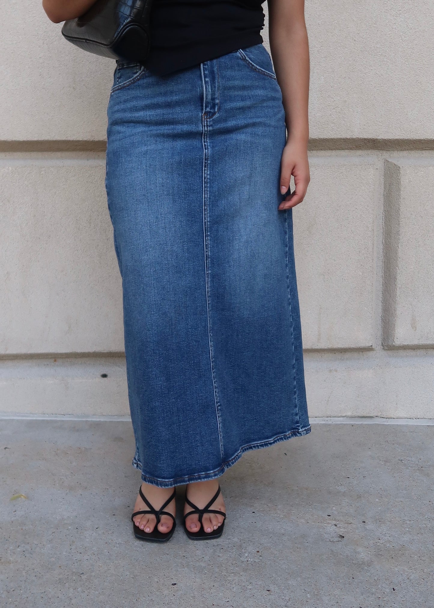 dark wash denim maxi skirt, split, high rise