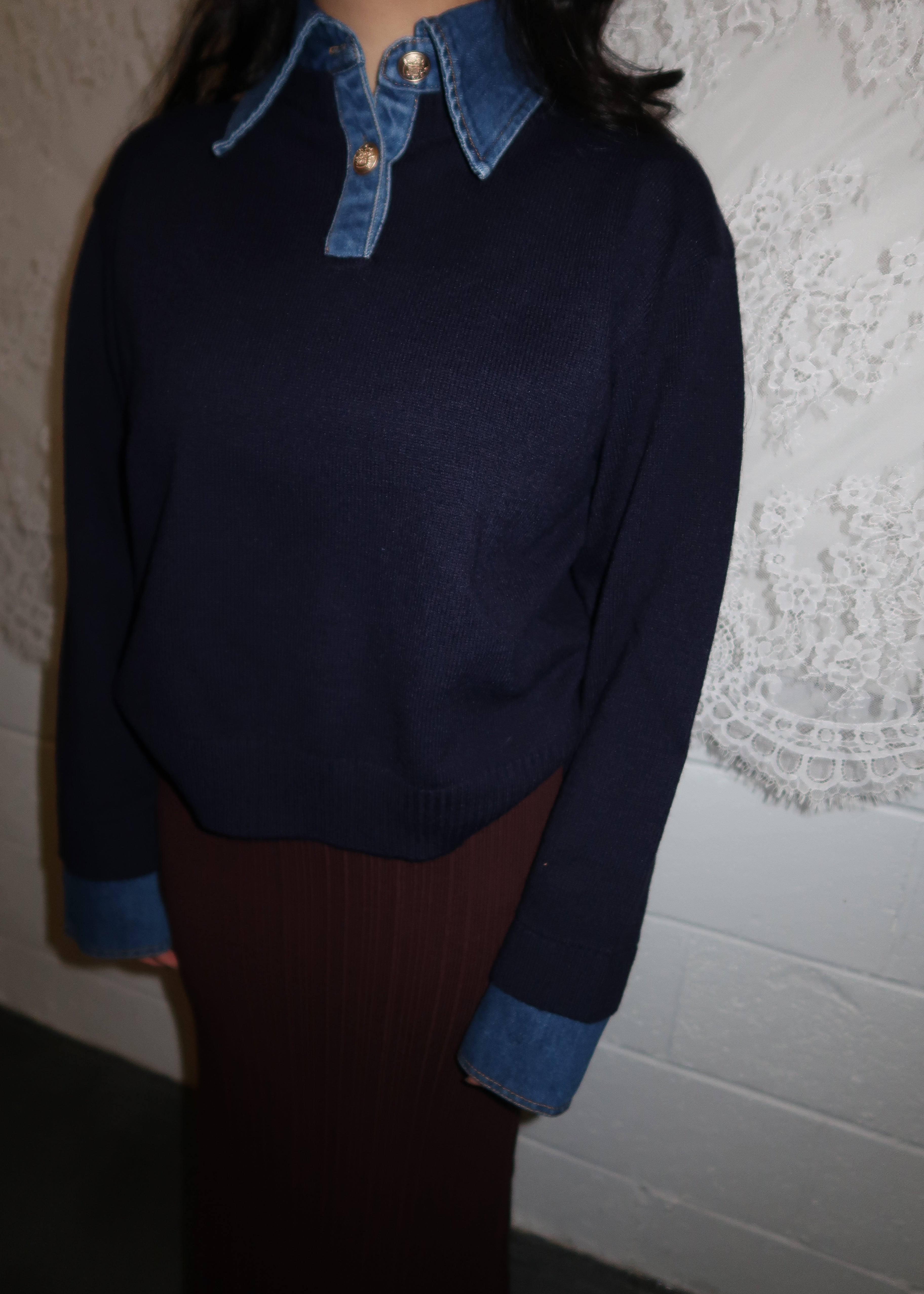 Navy blue denim cuff & denim collar long sleeve sweater, gold buttons