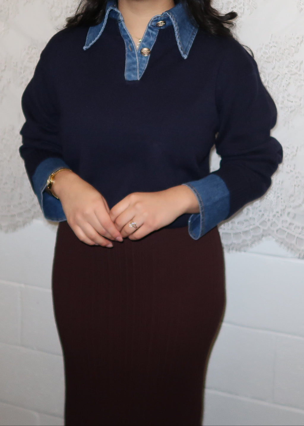 Navy blue denim cuff & denim collar long sleeve sweater, gold buttons