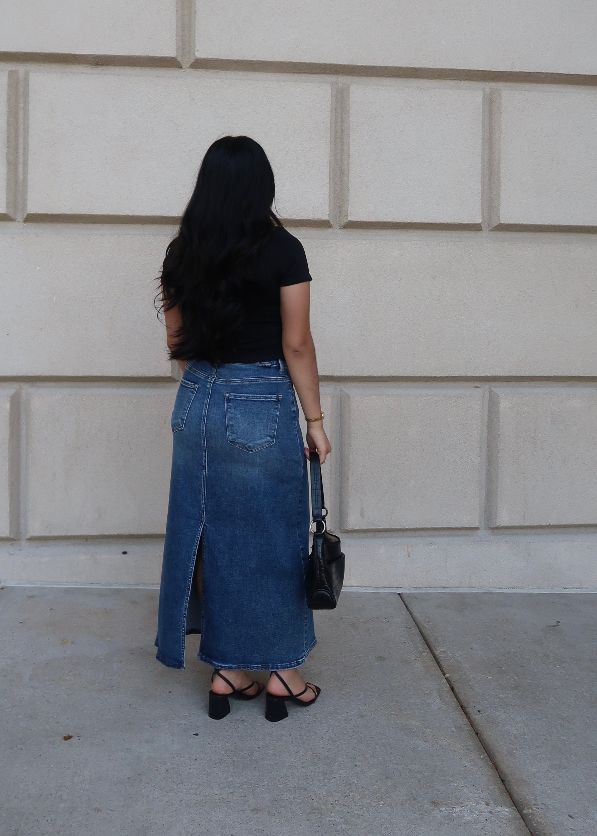 dark wash denim maxi skirt, split, high rise