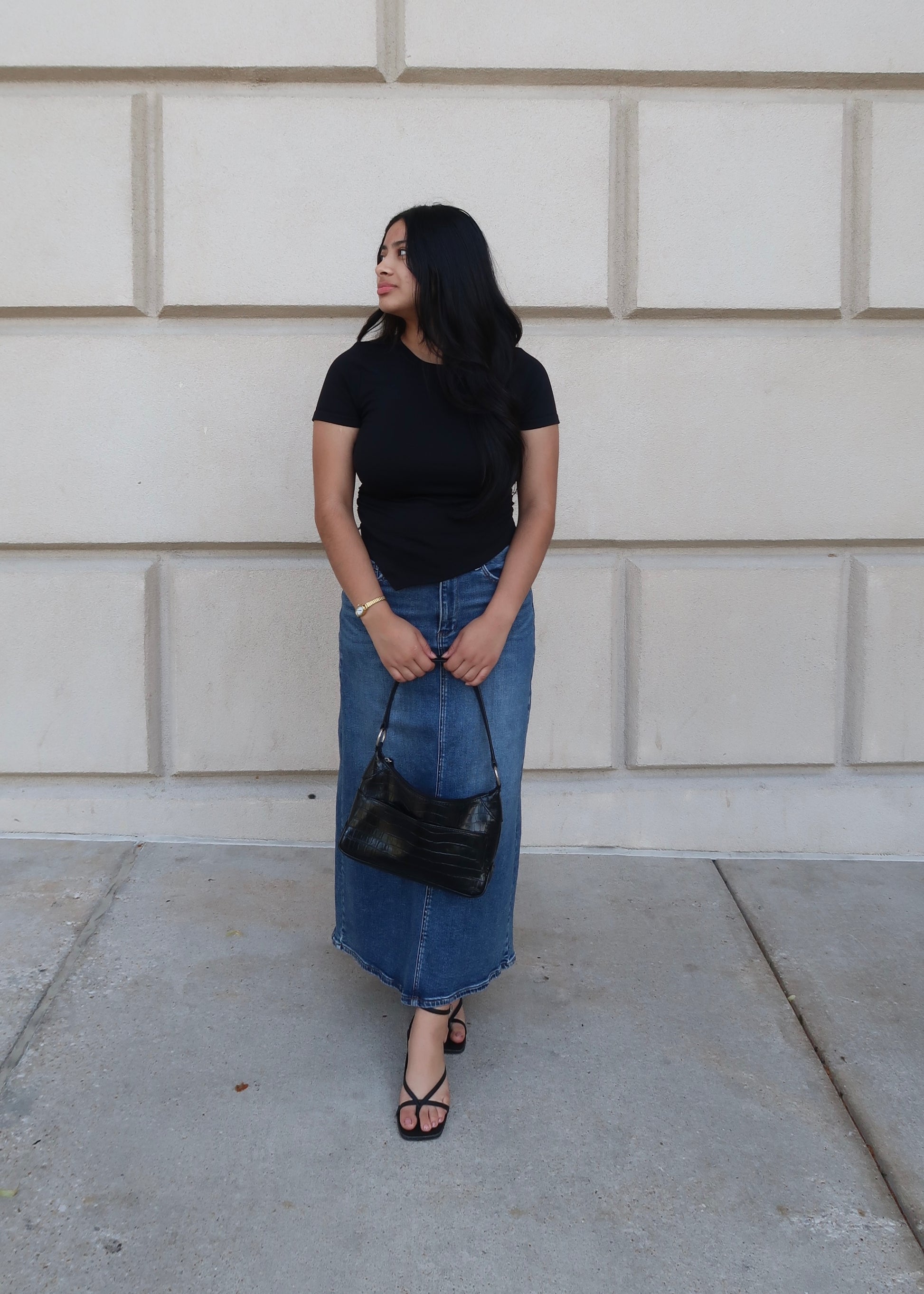 dark wash denim maxi skirt, split, high rise