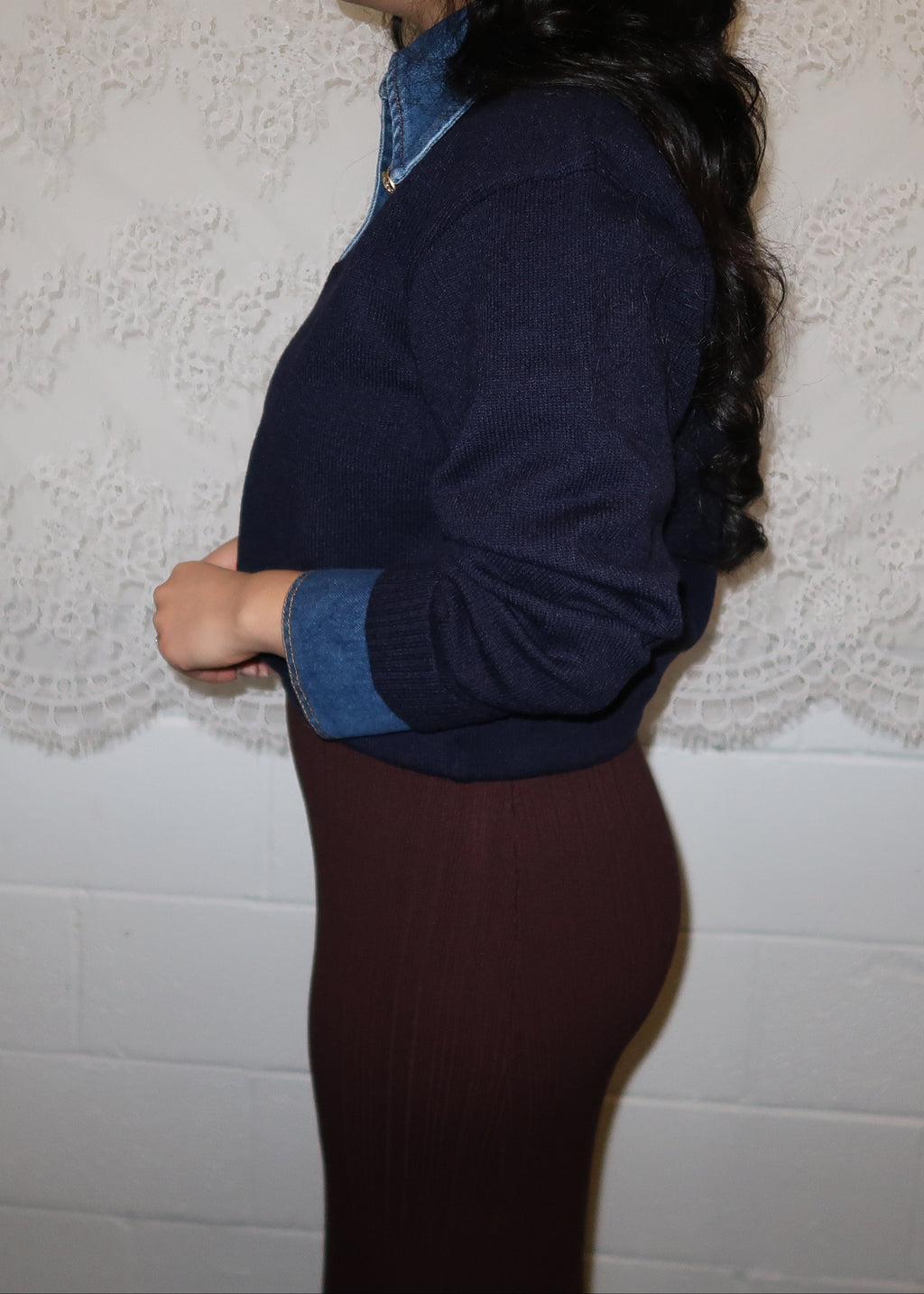 Navy blue denim cuff & denim collar long sleeve sweater, gold buttons