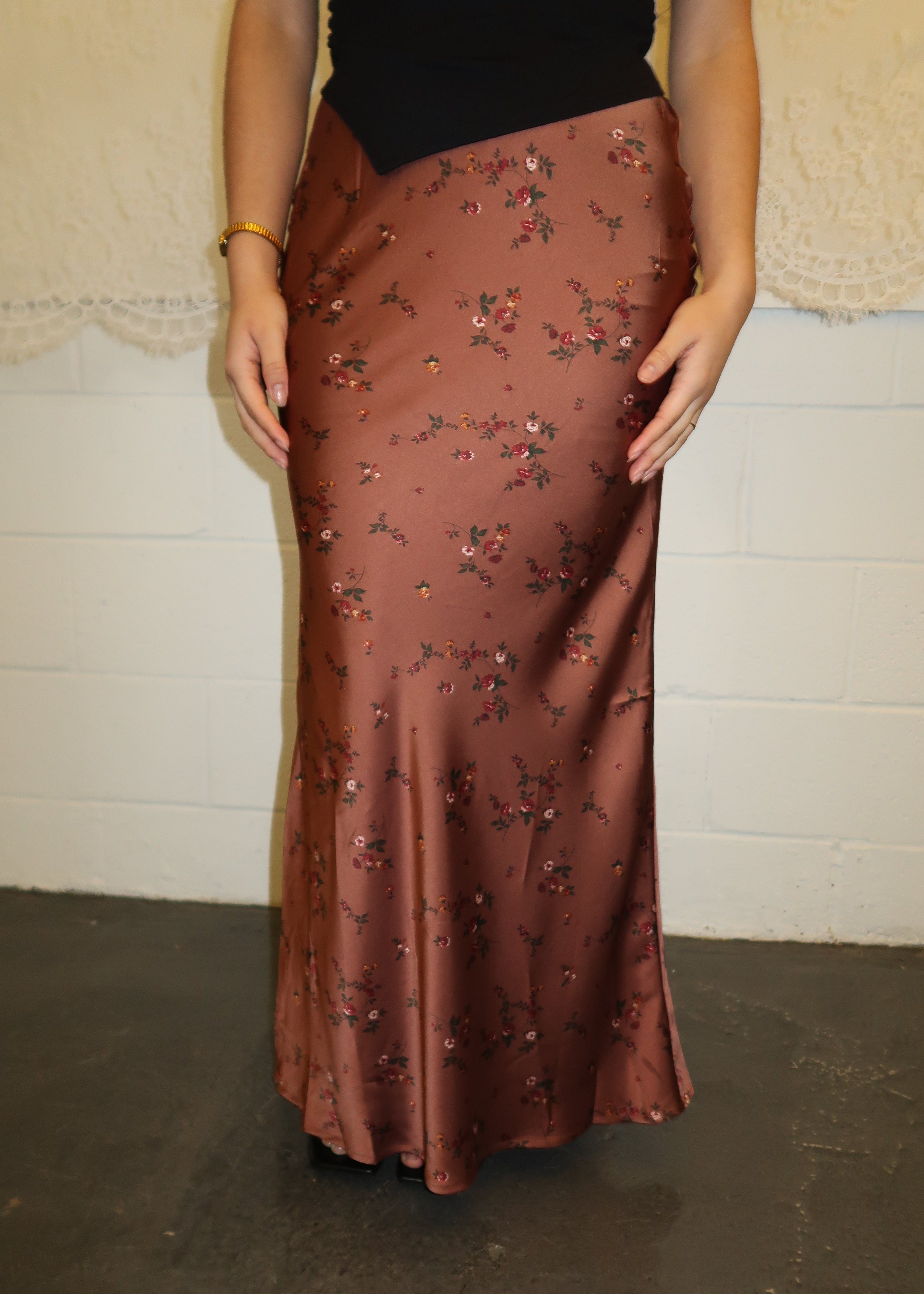 copper maxi satin floral skirt