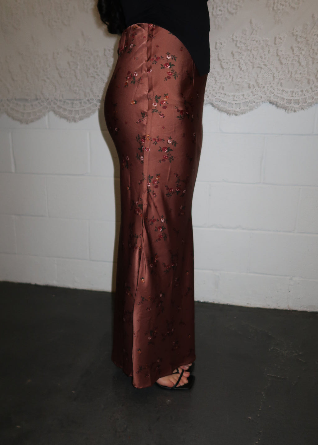 copper maxi floral satin skirt 