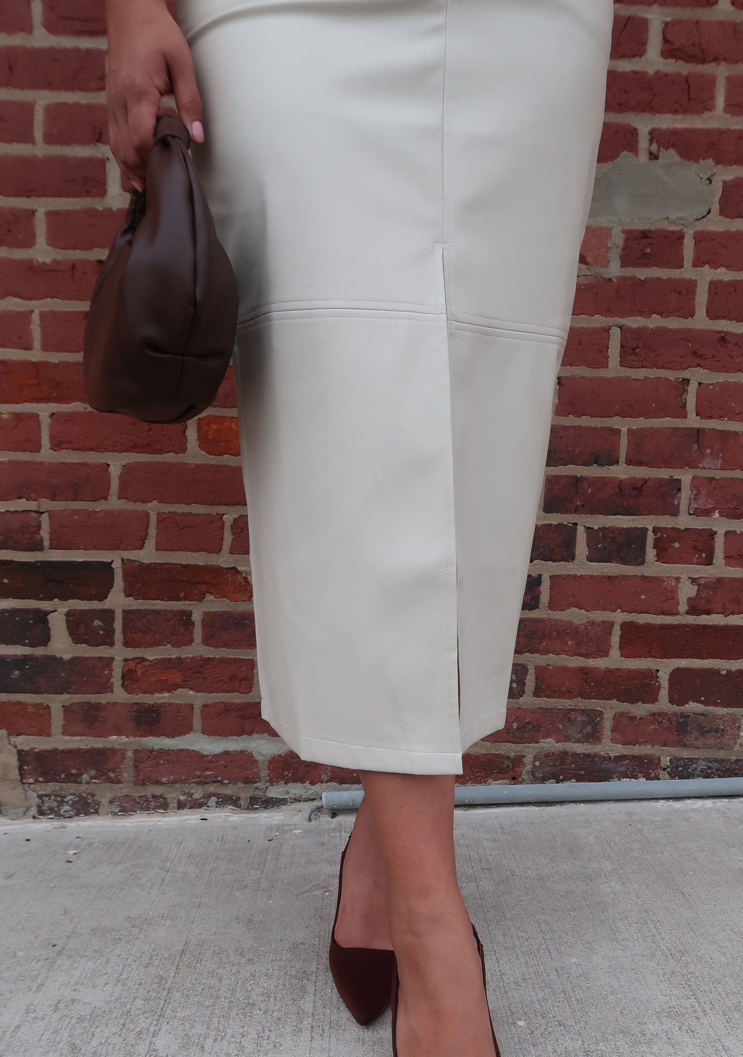 cream faux leather skirt, slit, maxi, midi 