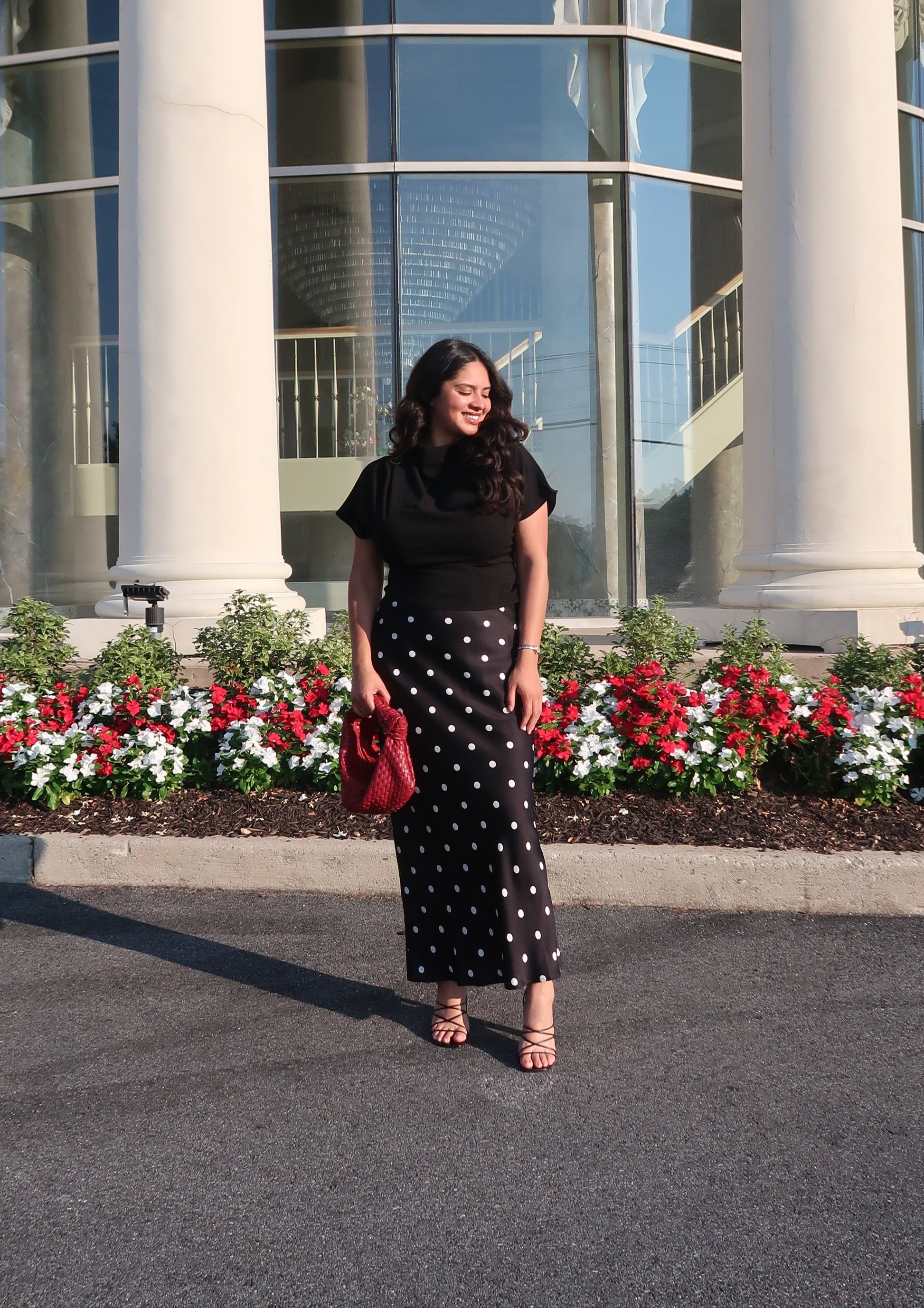 polka dot black maxi satin skirt