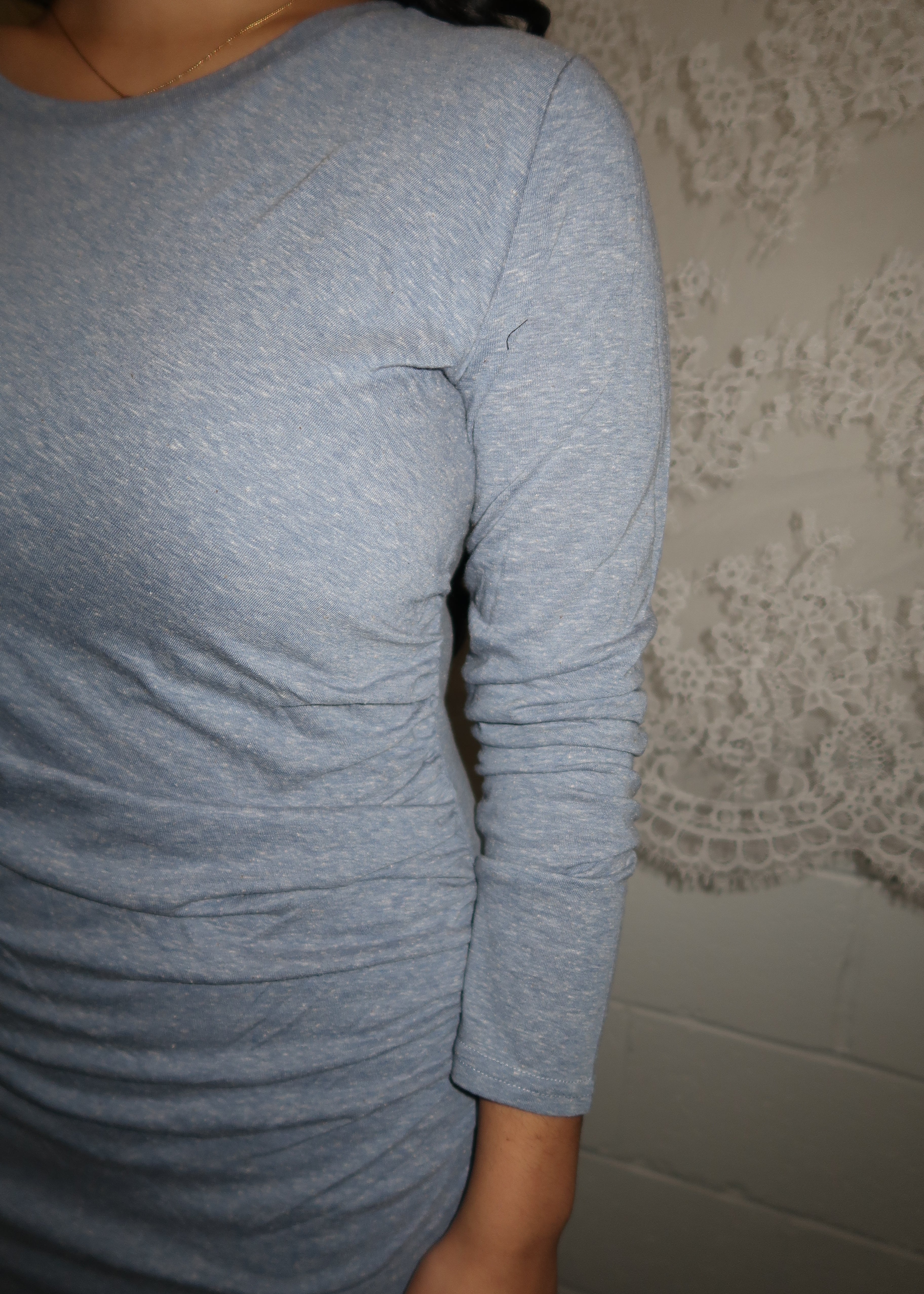 blue long sleeve top dress, ruched, asymmetrical hem, mini length