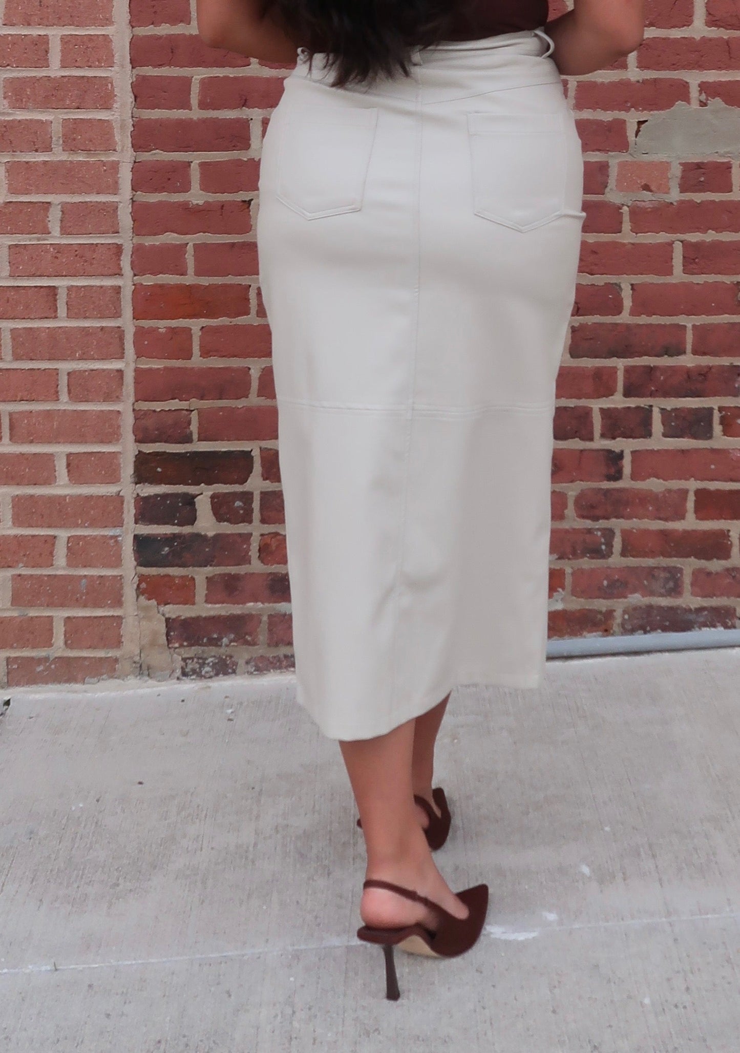 cream faux leather skirt, slit, maxi, midi 