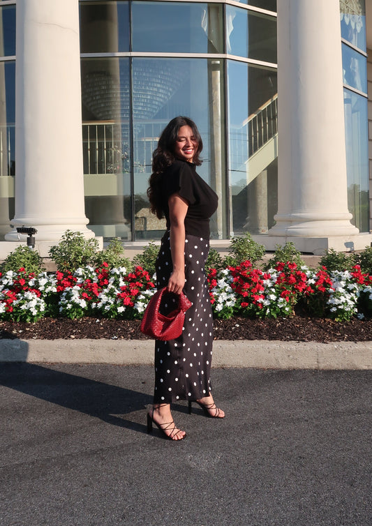 polka dot black maxi satin skirt