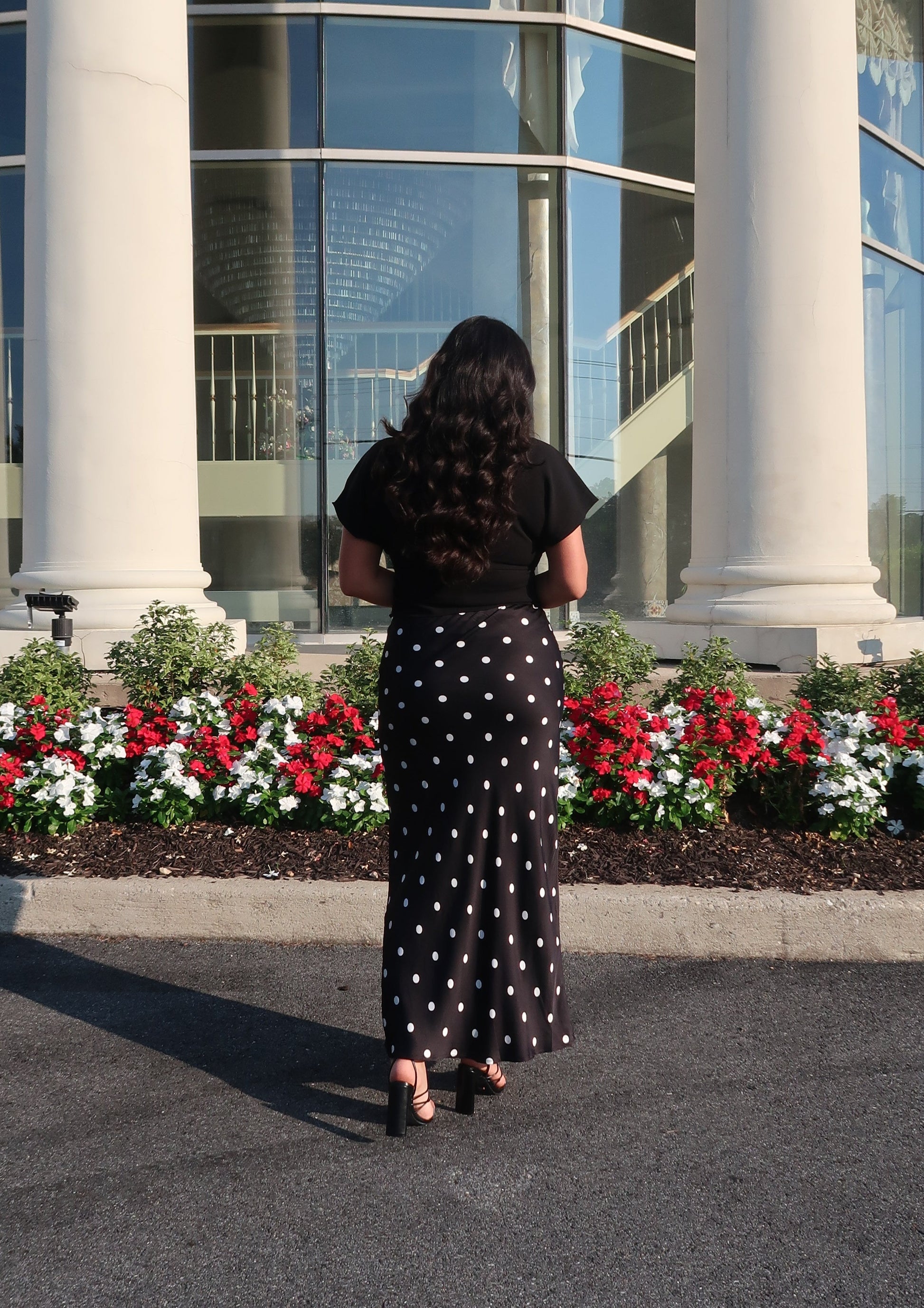 polka dot black maxi satin skirt