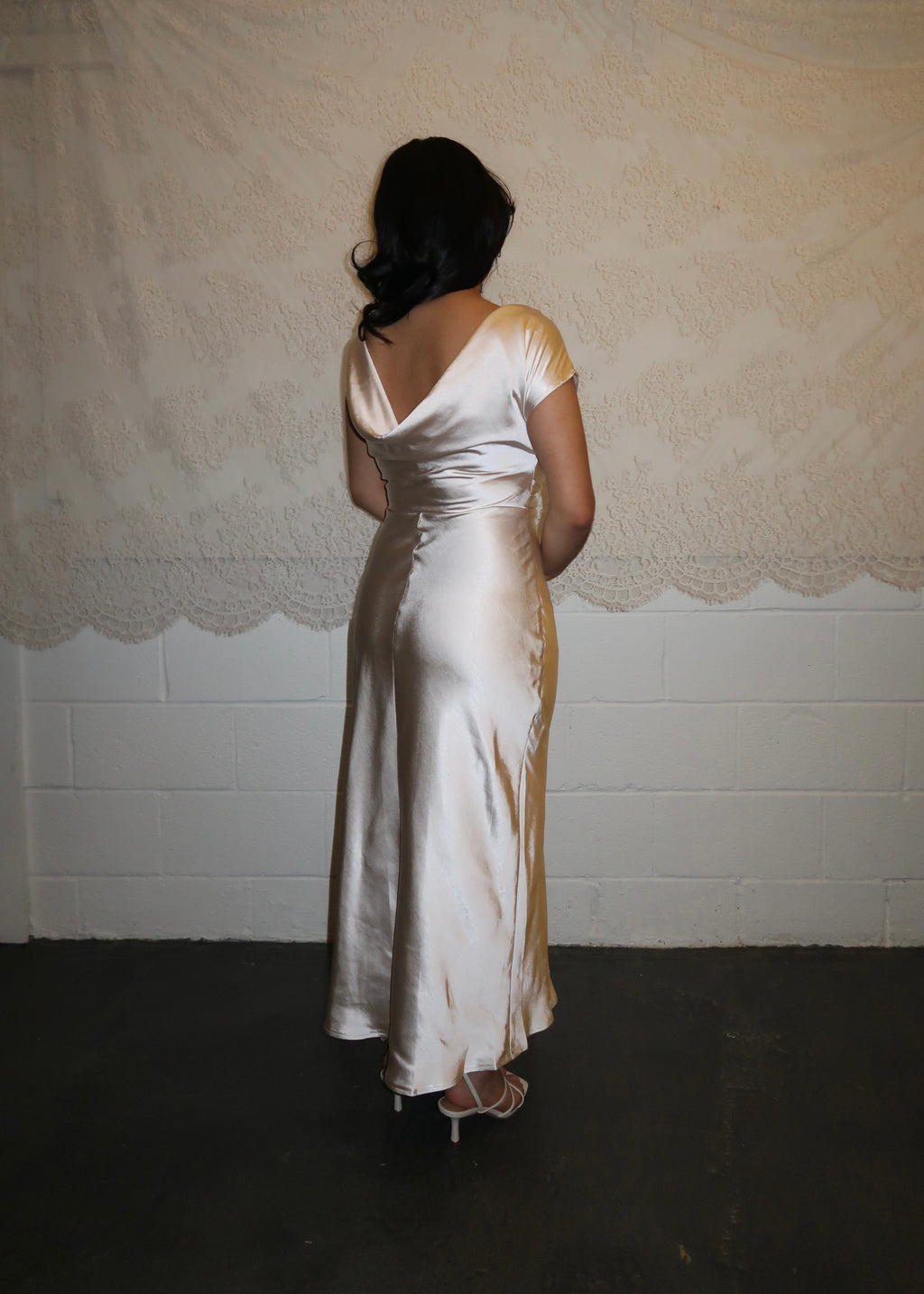 champagne boat neck, off the shoulder, satin midi dress, bridal, graduation