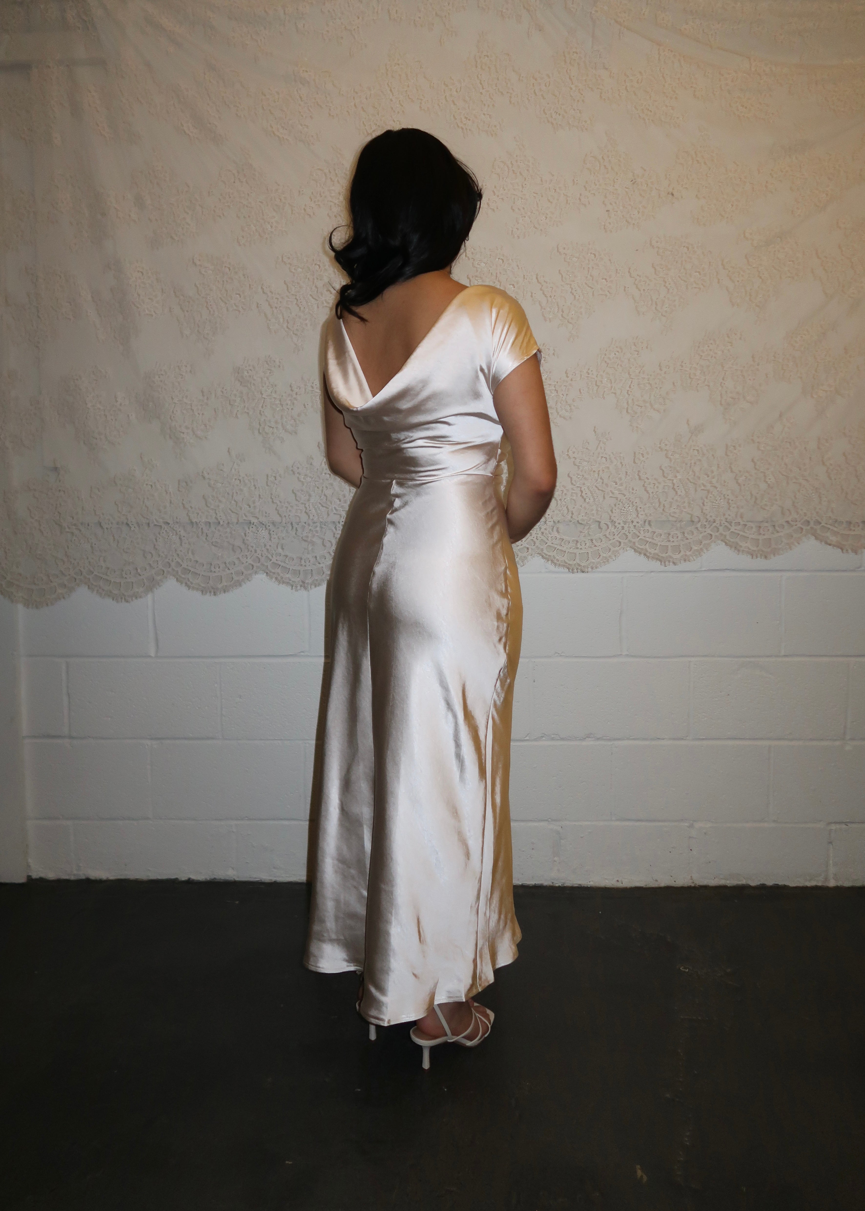 champagne boat neck, off the shoulder, satin midi dress, bridal, graduation