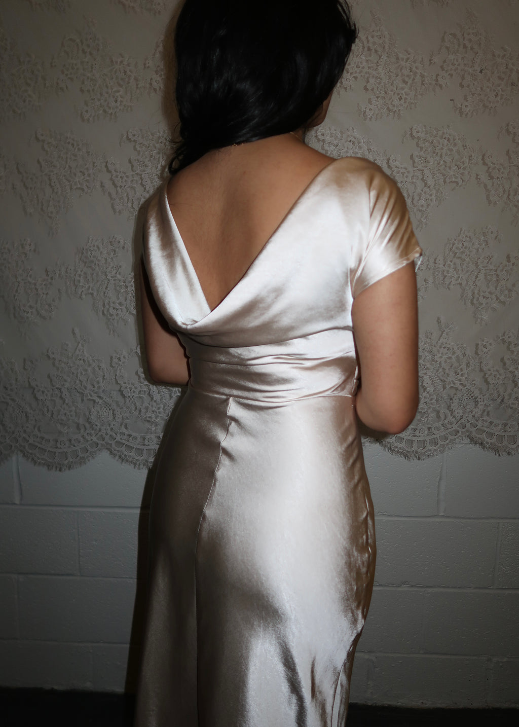 champagne boat neck, off the shoulder, satin midi dress, bridal, graduation