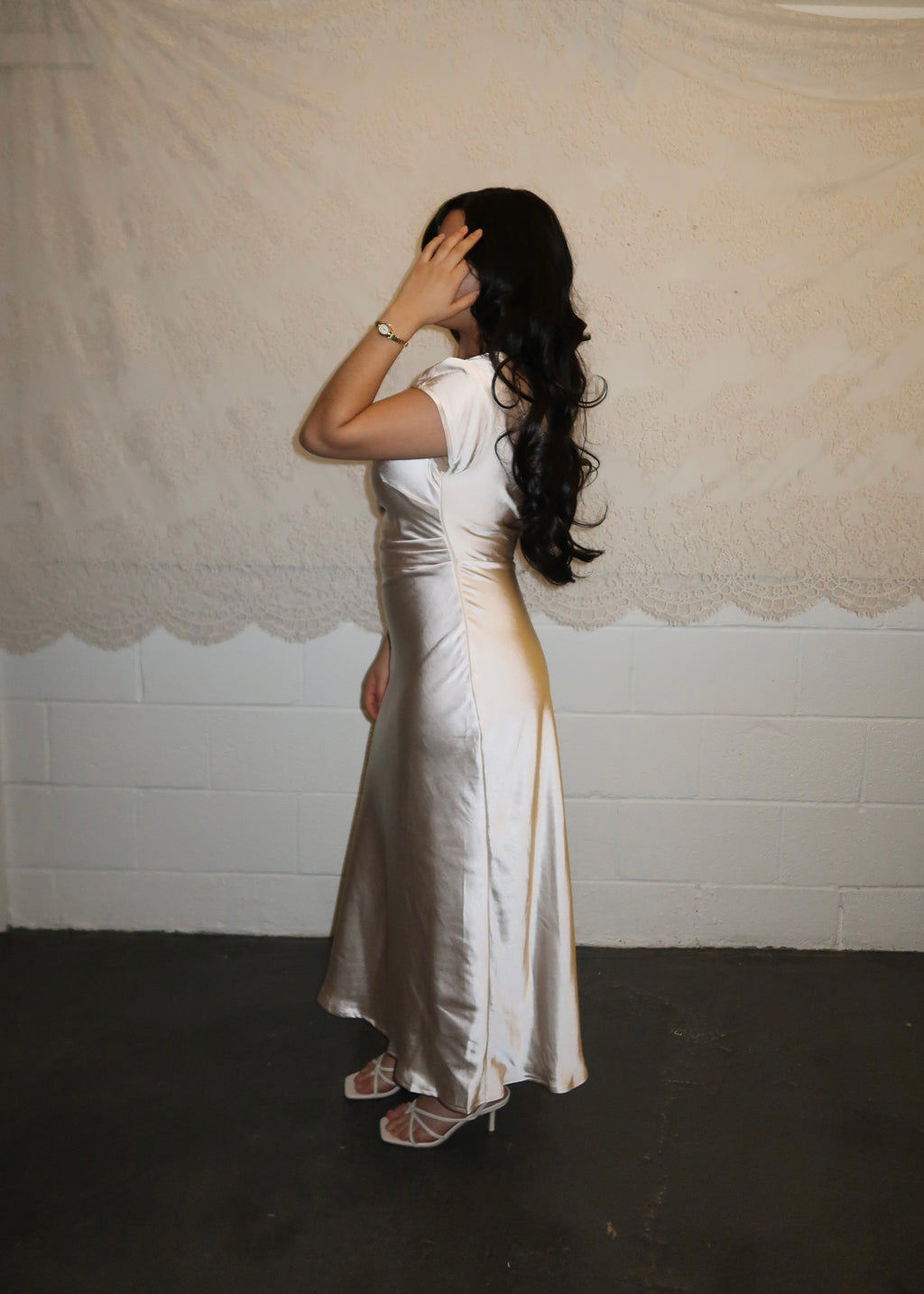 champagne boat neck, off the shoulder, satin midi dress, bridal, graduation
