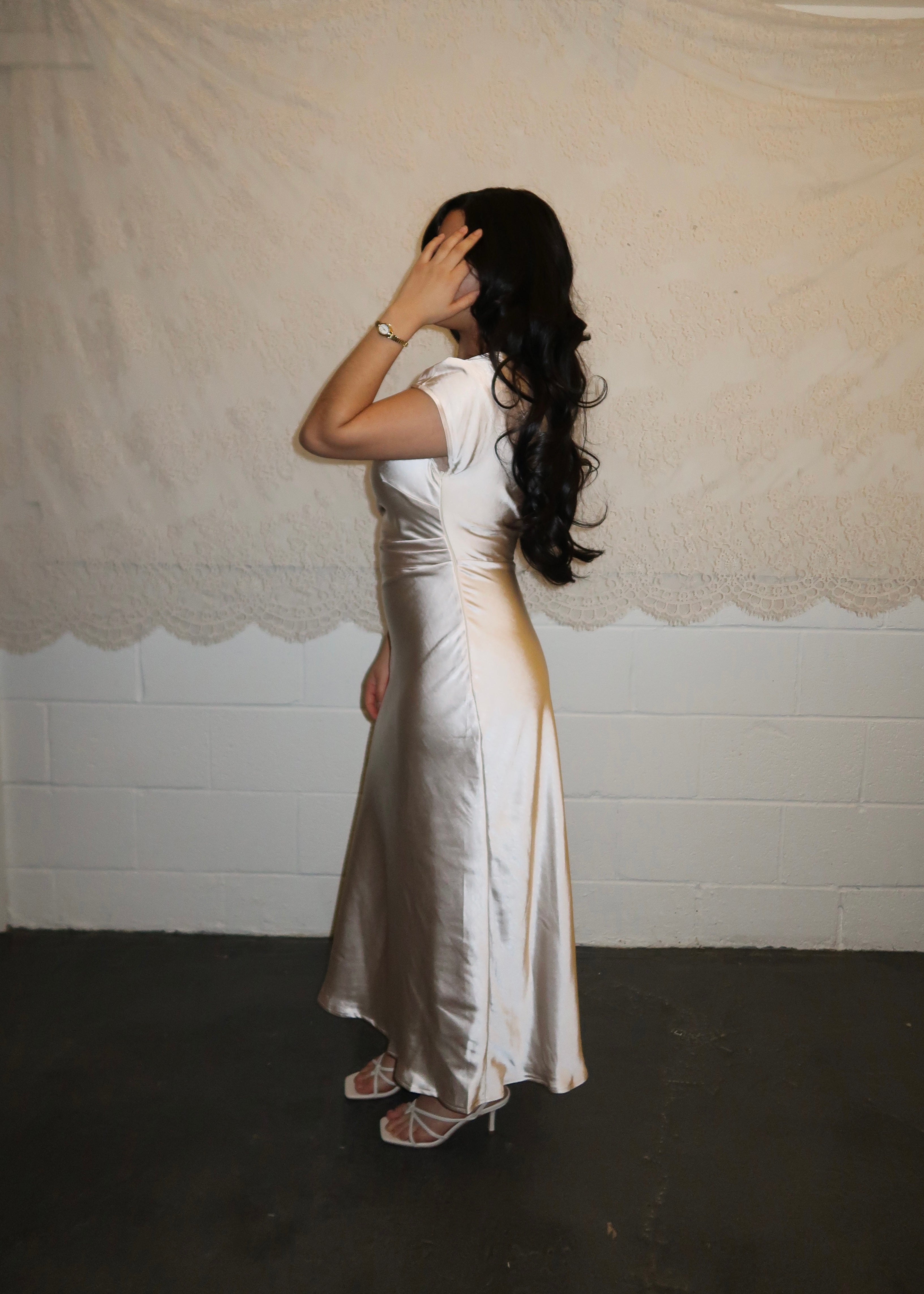 champagne boat neck, off the shoulder, satin midi dress, bridal, graduation
