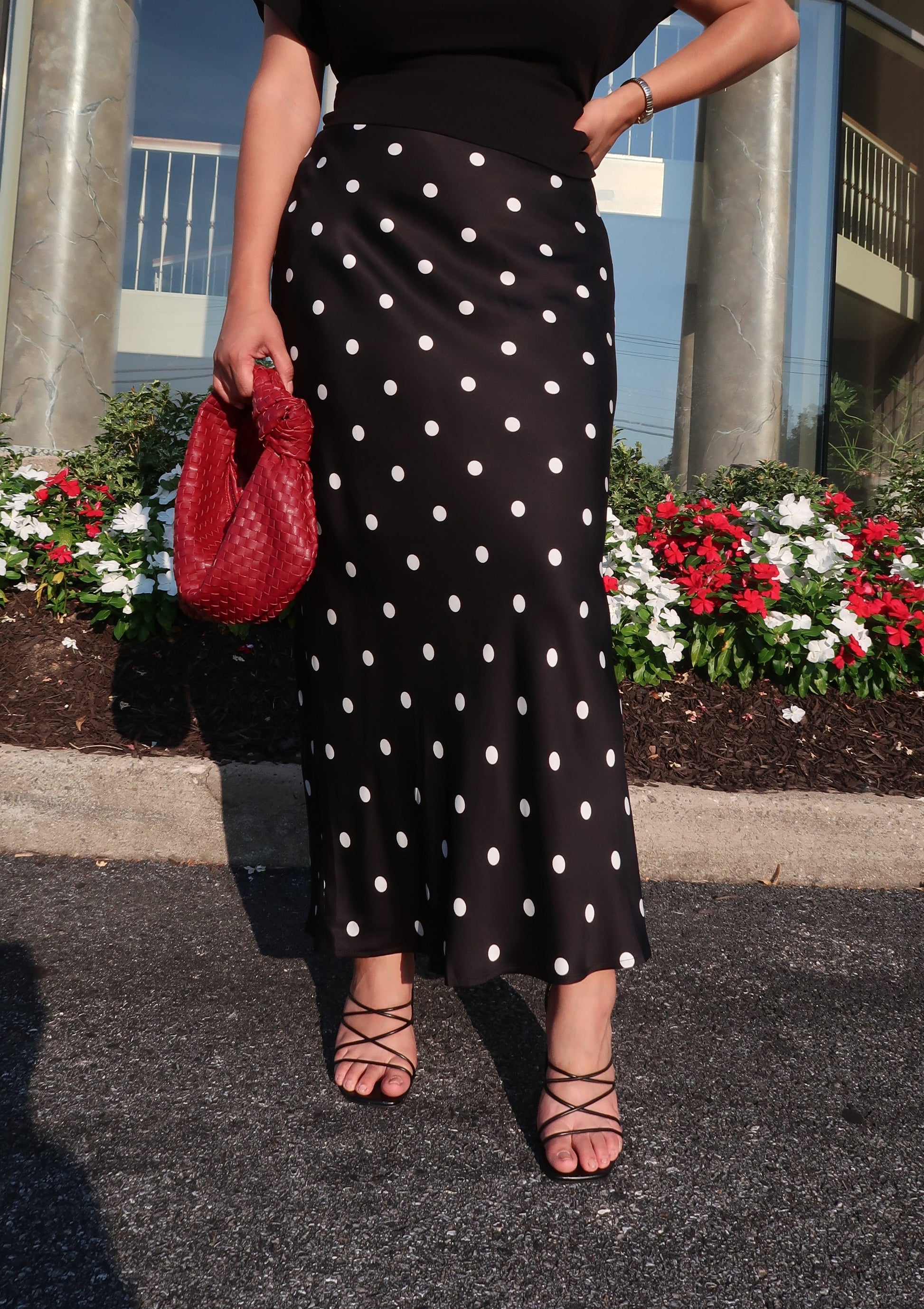 polka dot black maxi satin skirt