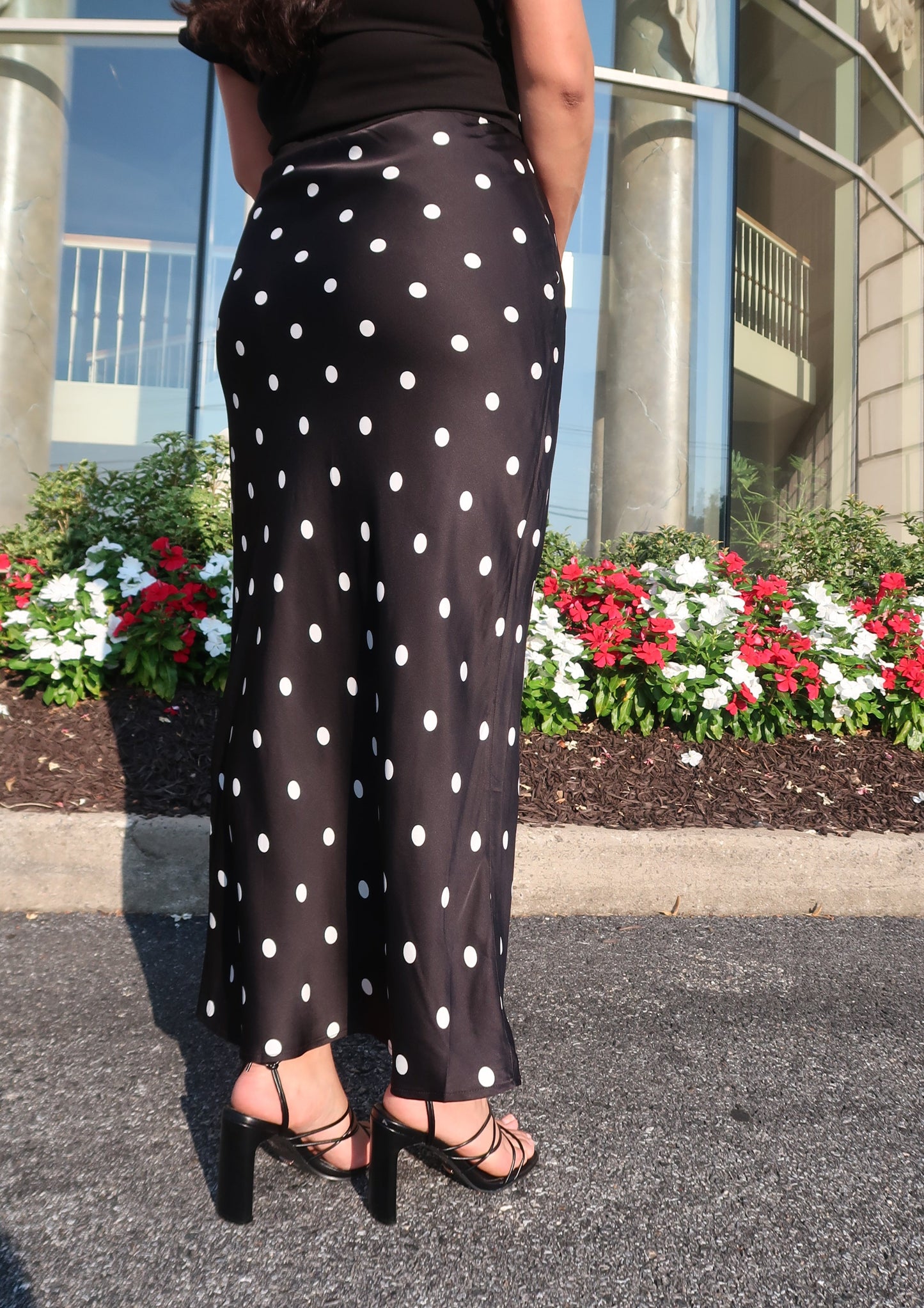 polka dot black maxi satin skirt