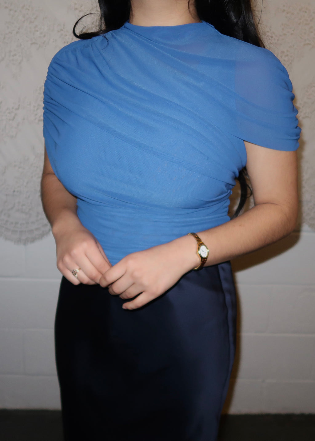 cobalt blue mesh short sleeve top 