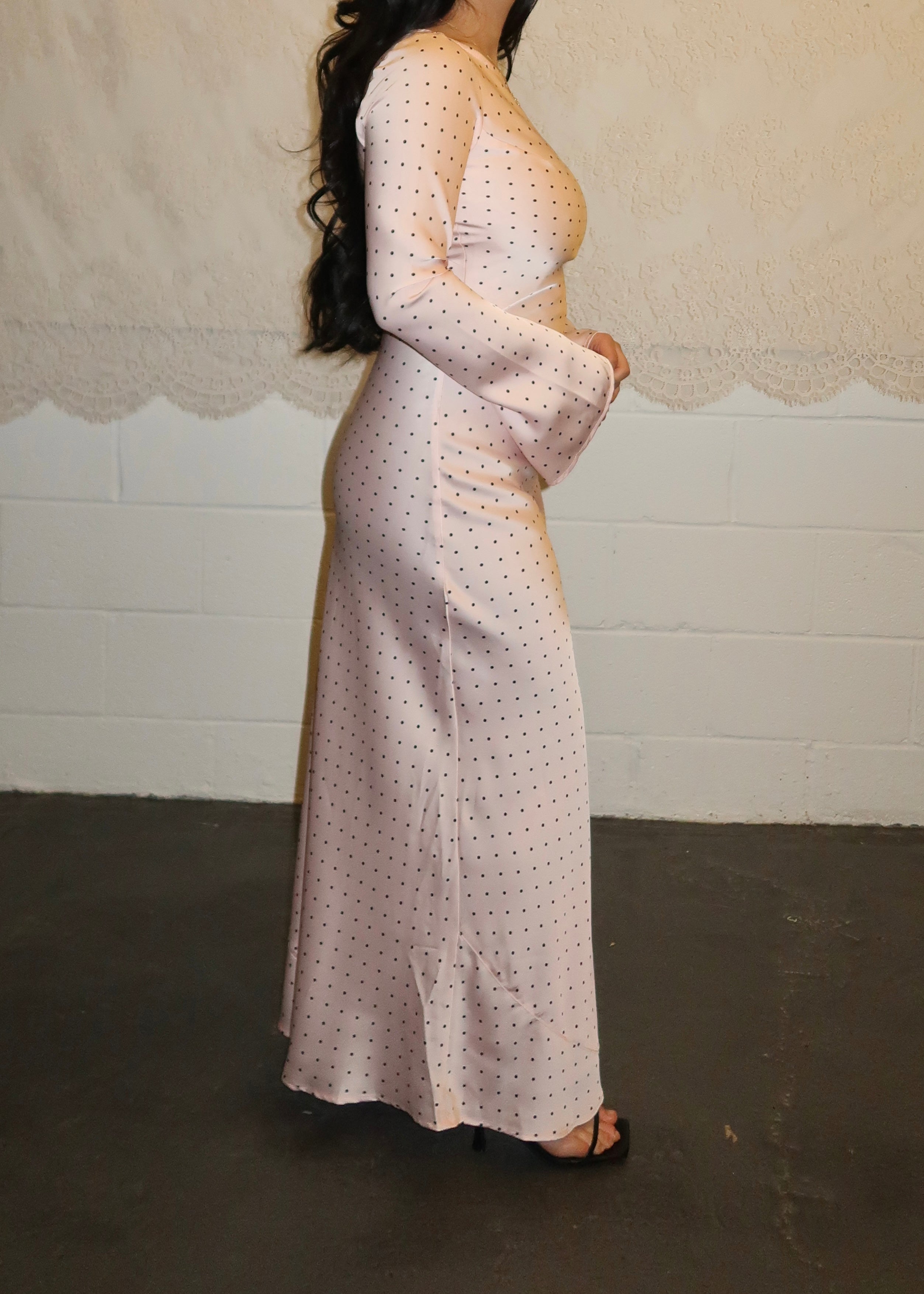 baby pink long sleeve satin maxi dress, flare long sleeves, black polka dots 
