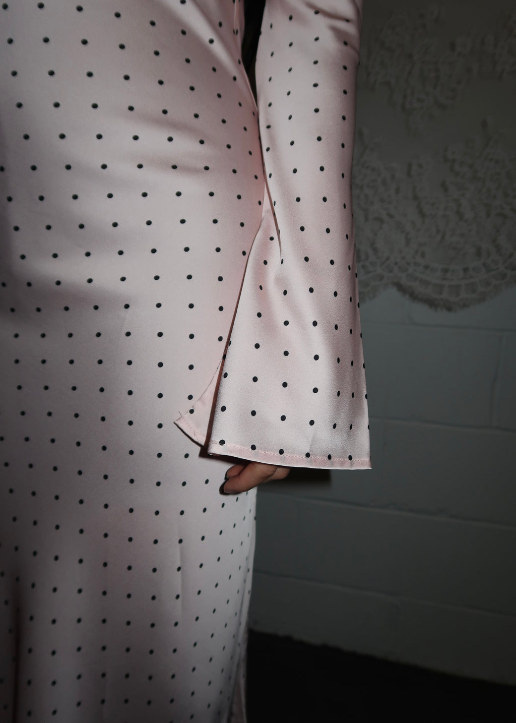 baby pink long sleeve satin maxi dress, flare long sleeves, black polka dots 