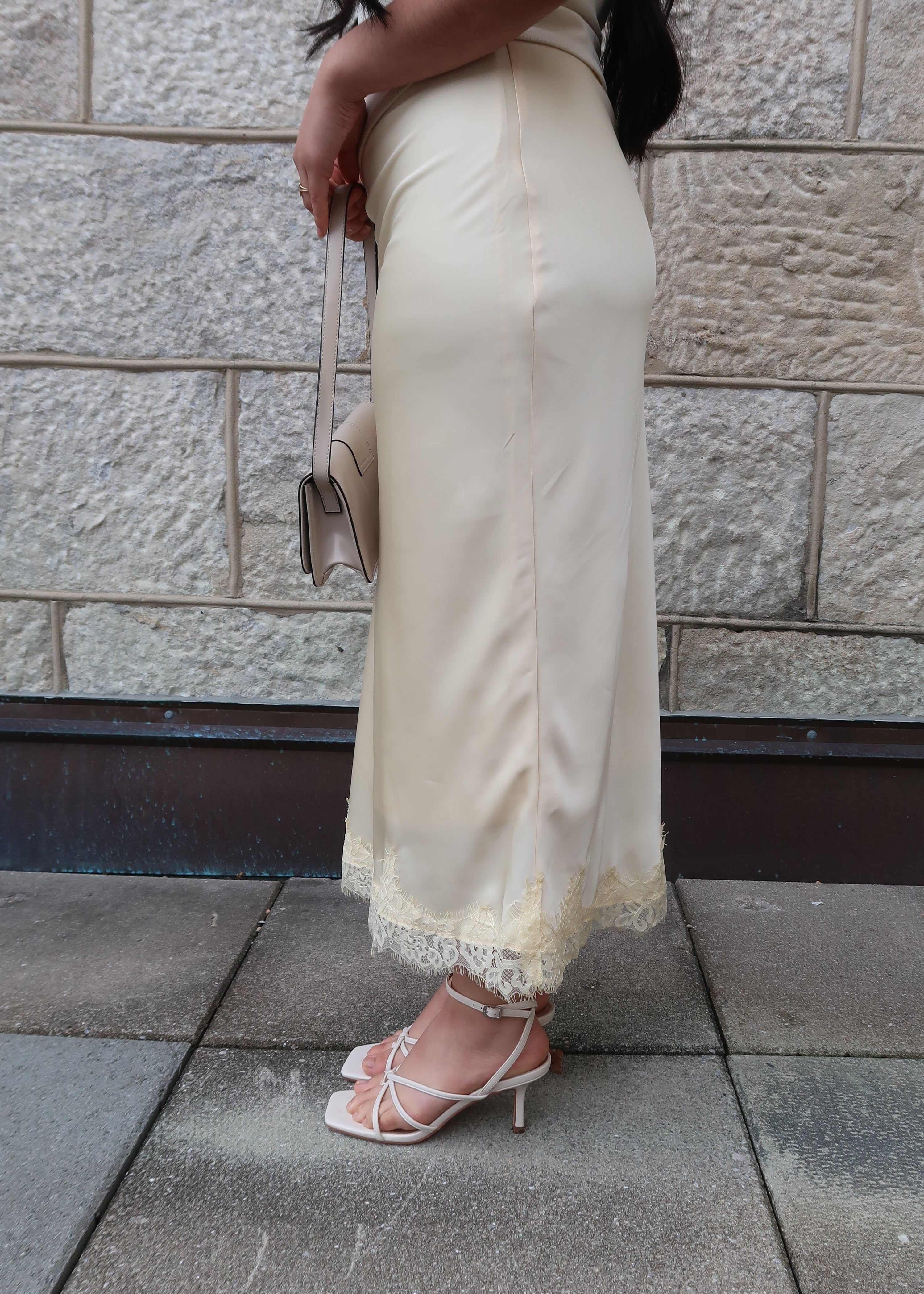 butter yellow lace satin midi skirt, spring/summer