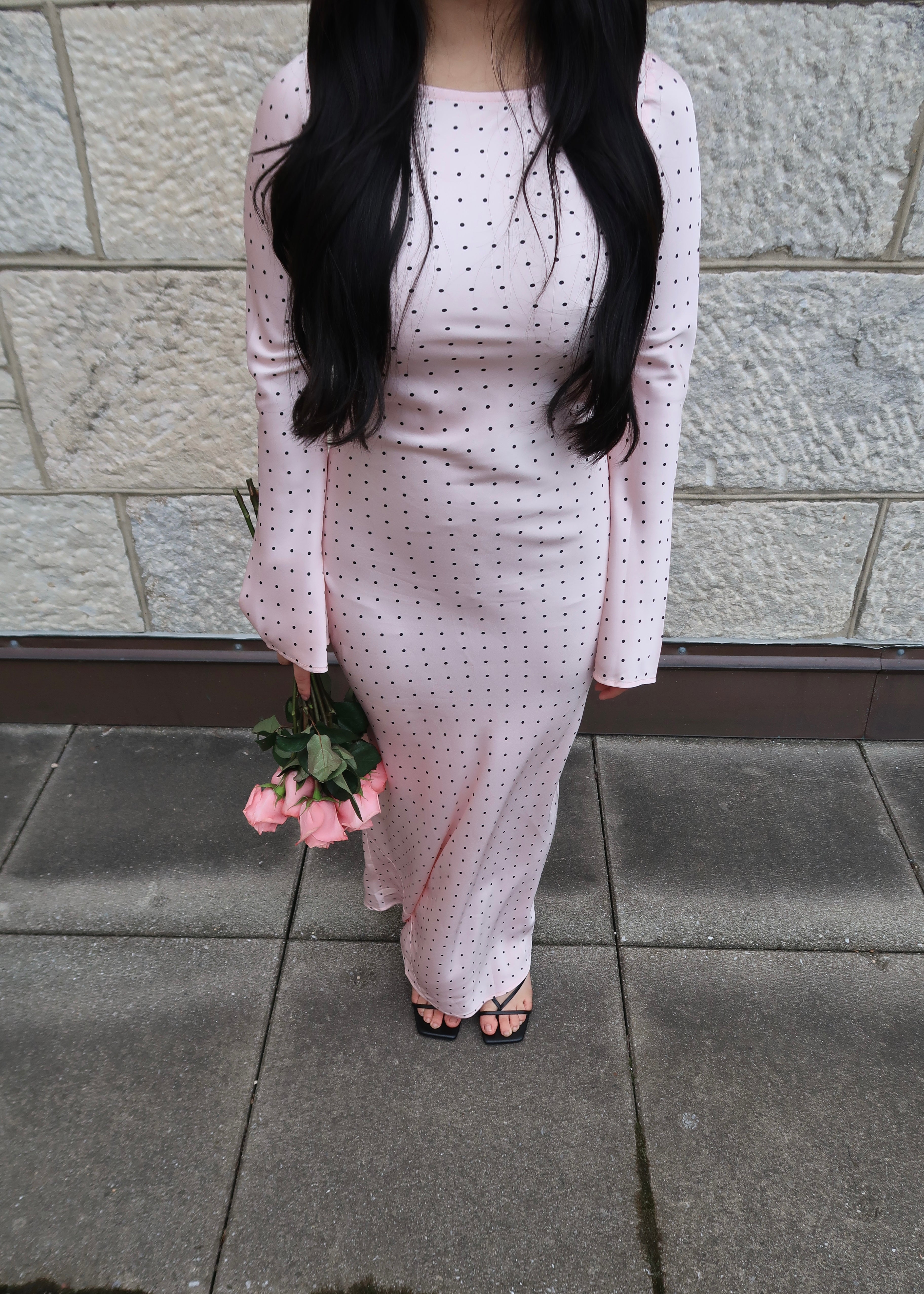 baby pink maxi dress, flare sleeve, polka dot, modest, spring/summer