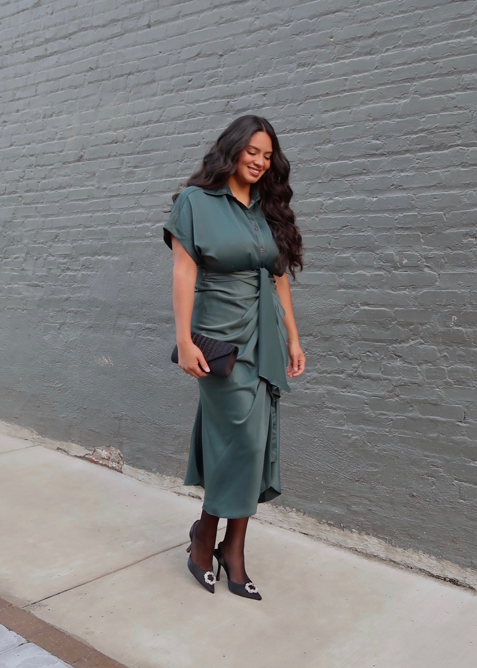 dark green satin short sleeve dress, button down, mid length