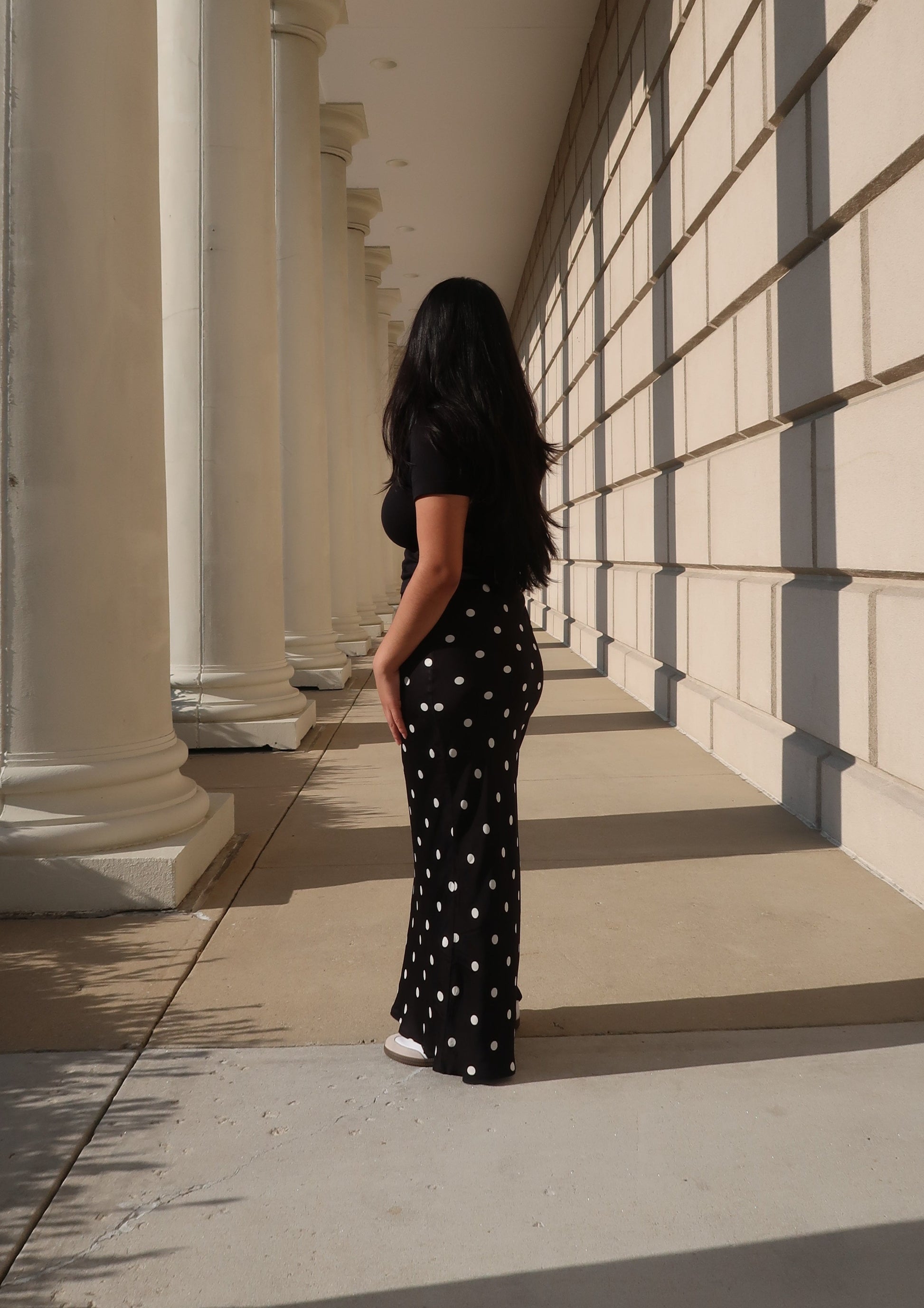 polka dot black maxi satin skirt