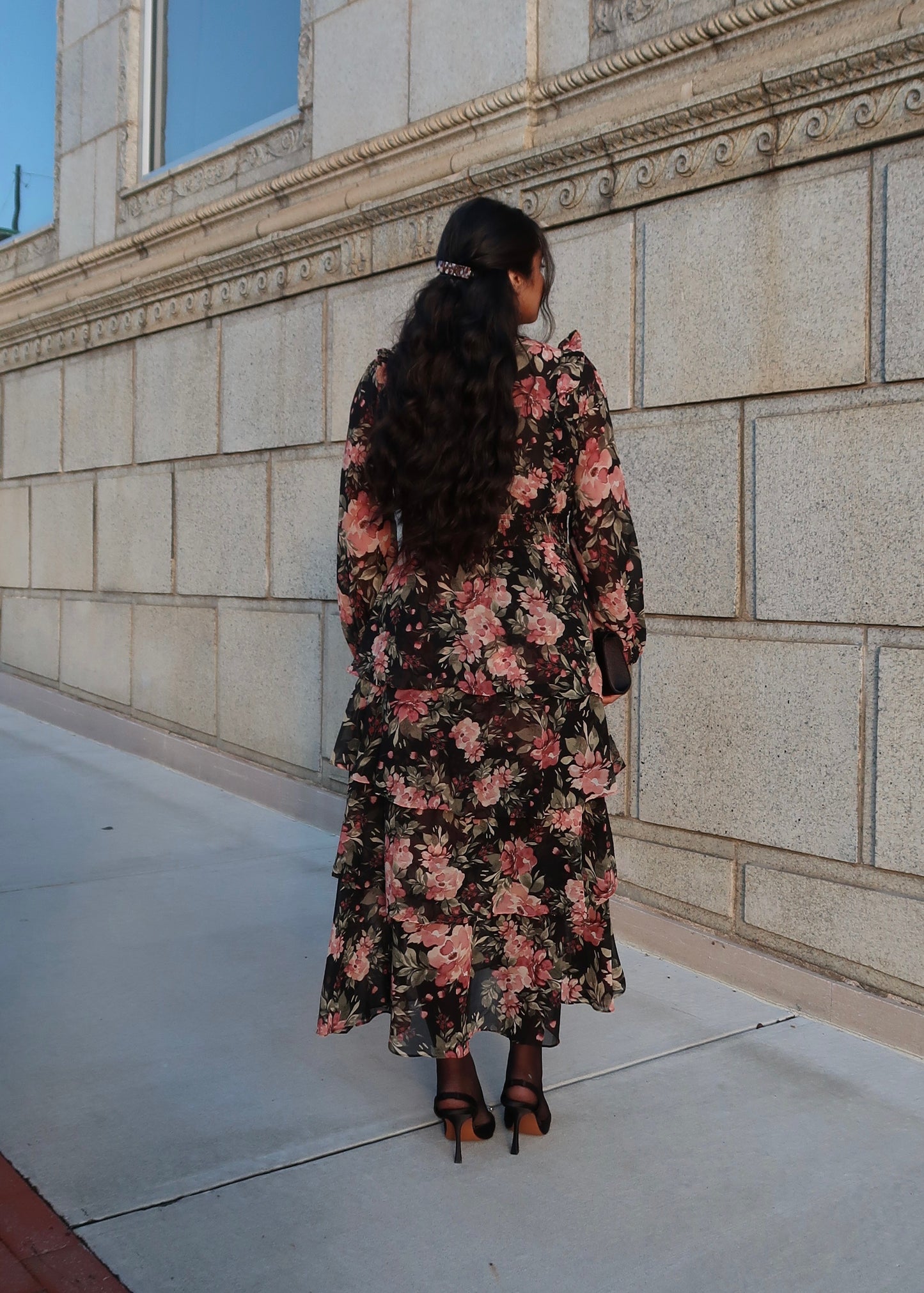 Black pink green floral tiered maxi dress, sheer sleeve, long sleeve, v-neck