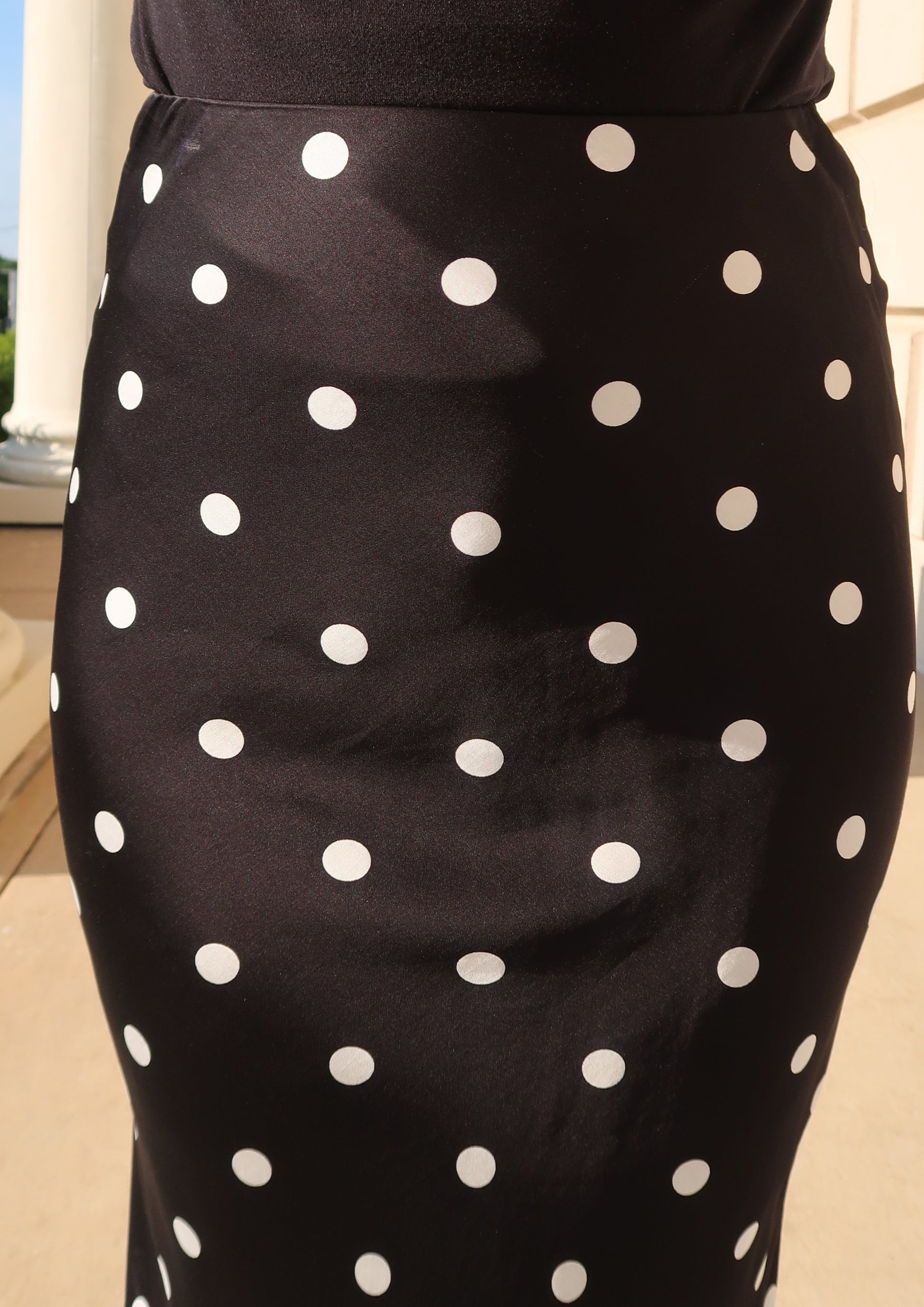 polka dot black maxi satin skirt