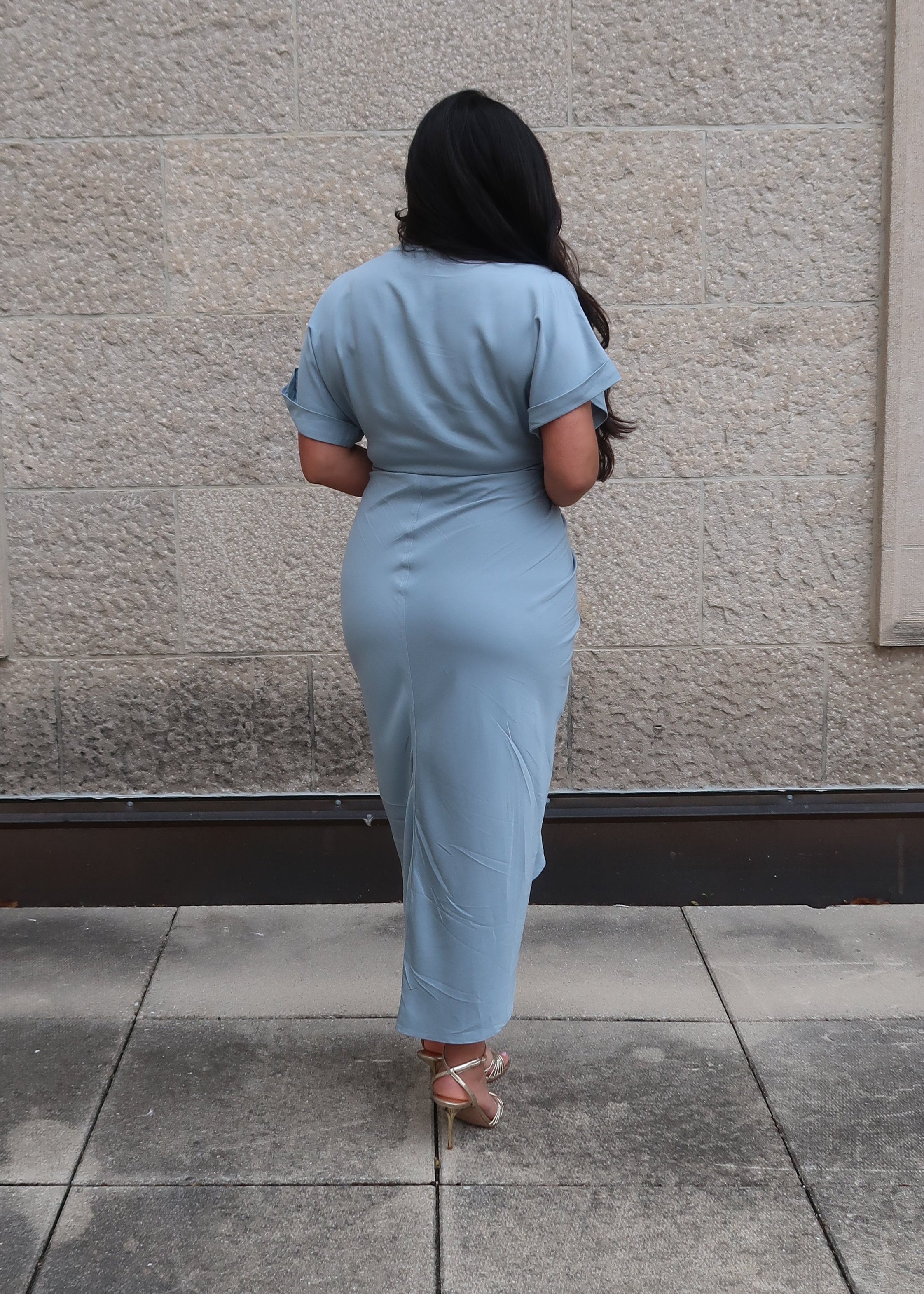 denim blue midi tencel dress, short sleeve, button, collar, waist tie, spring