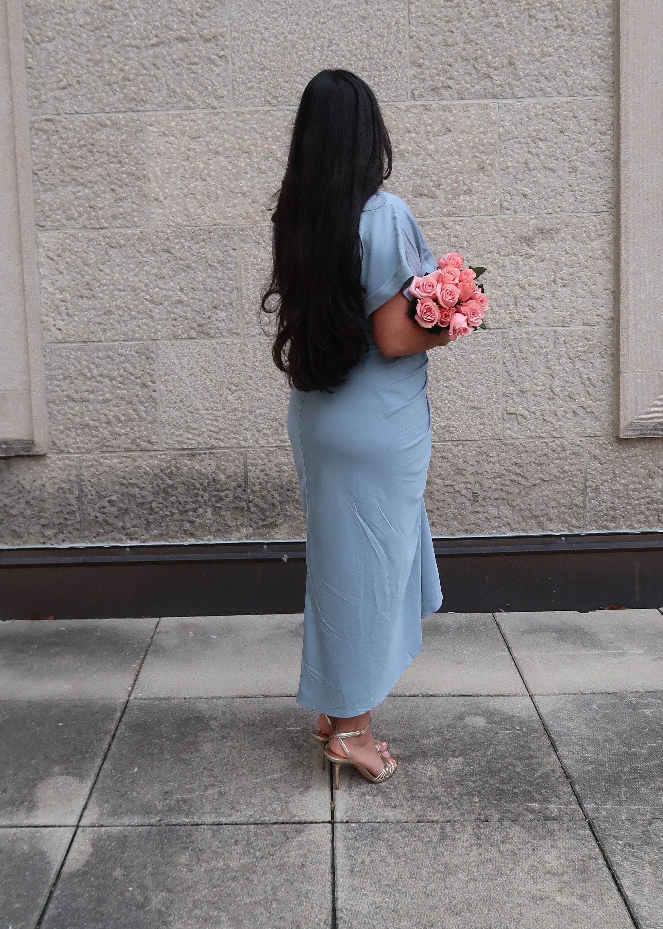 denim blue midi tencel dress, short sleeve, button, collar, waist tie, spring