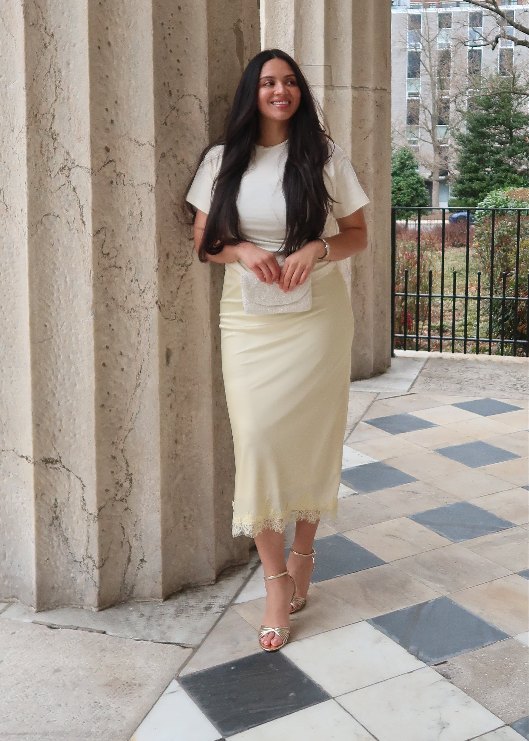 butter yellow lace satin midi skirt, spring/summer