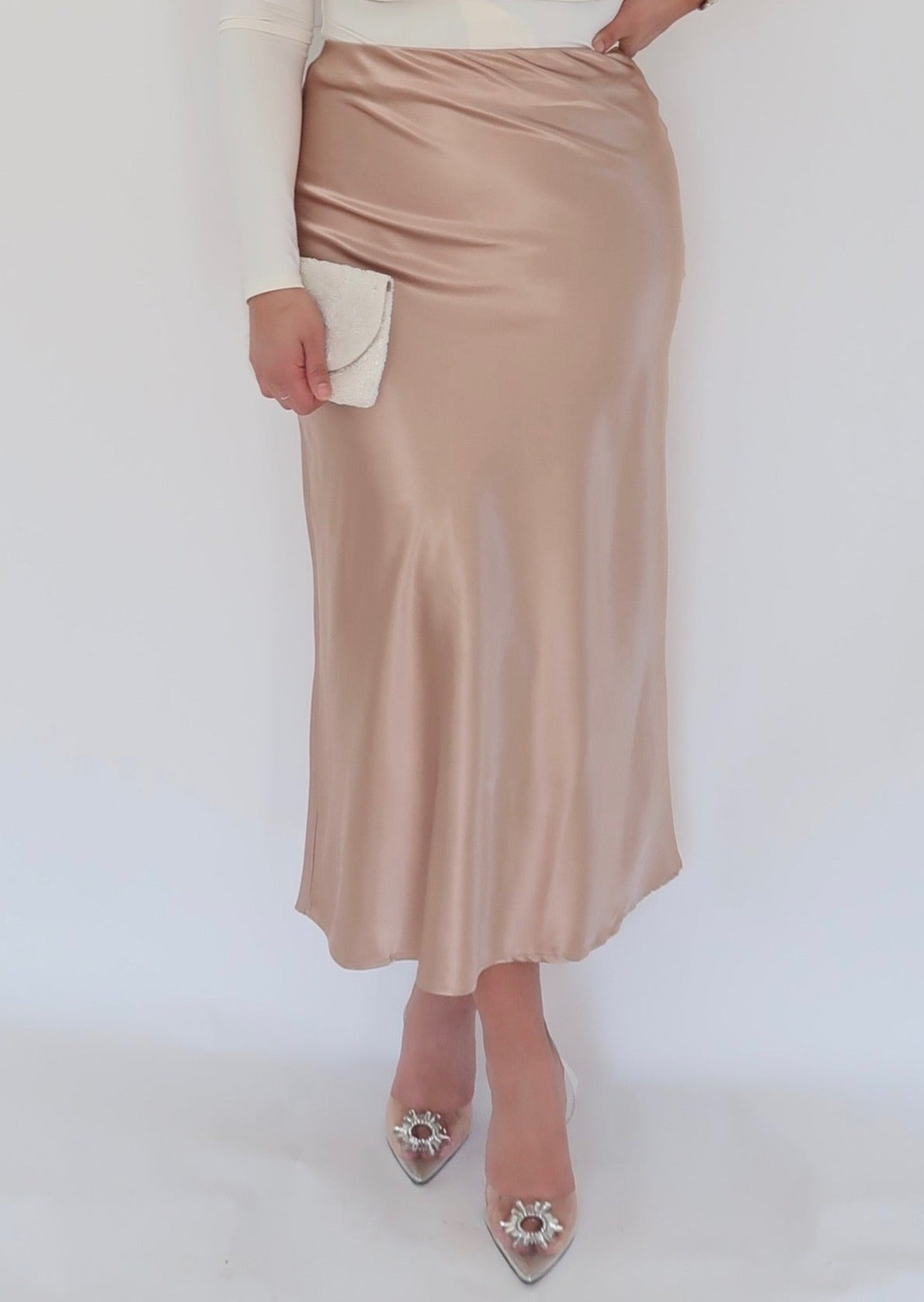 beige satin maxi skirt