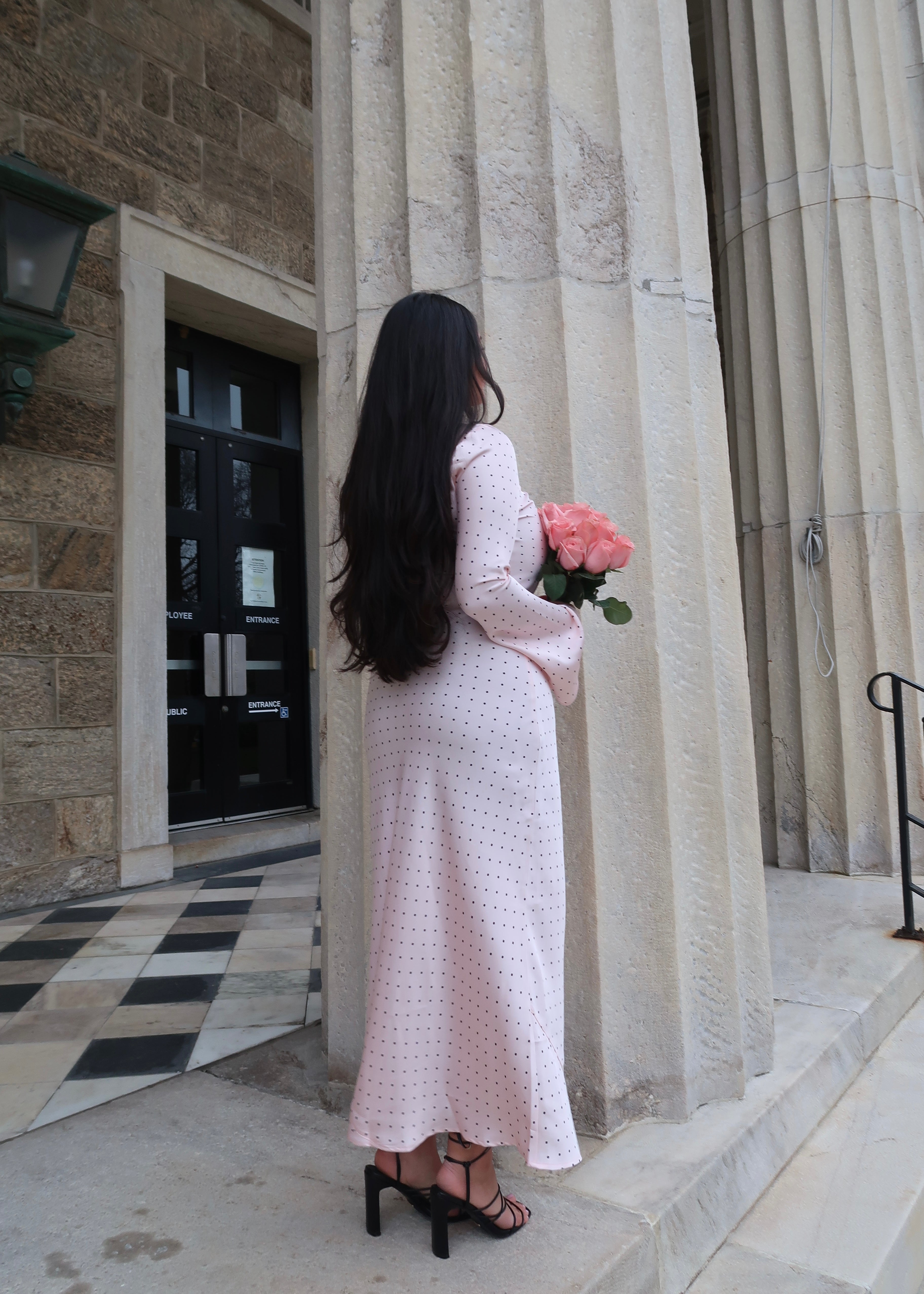 baby pink maxi dress, flare sleeve, polka dot, modest, spring/summer