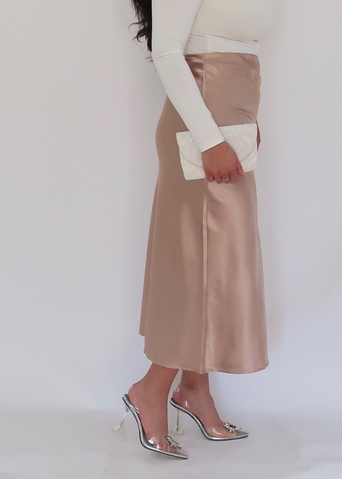 beige satin maxi skirt