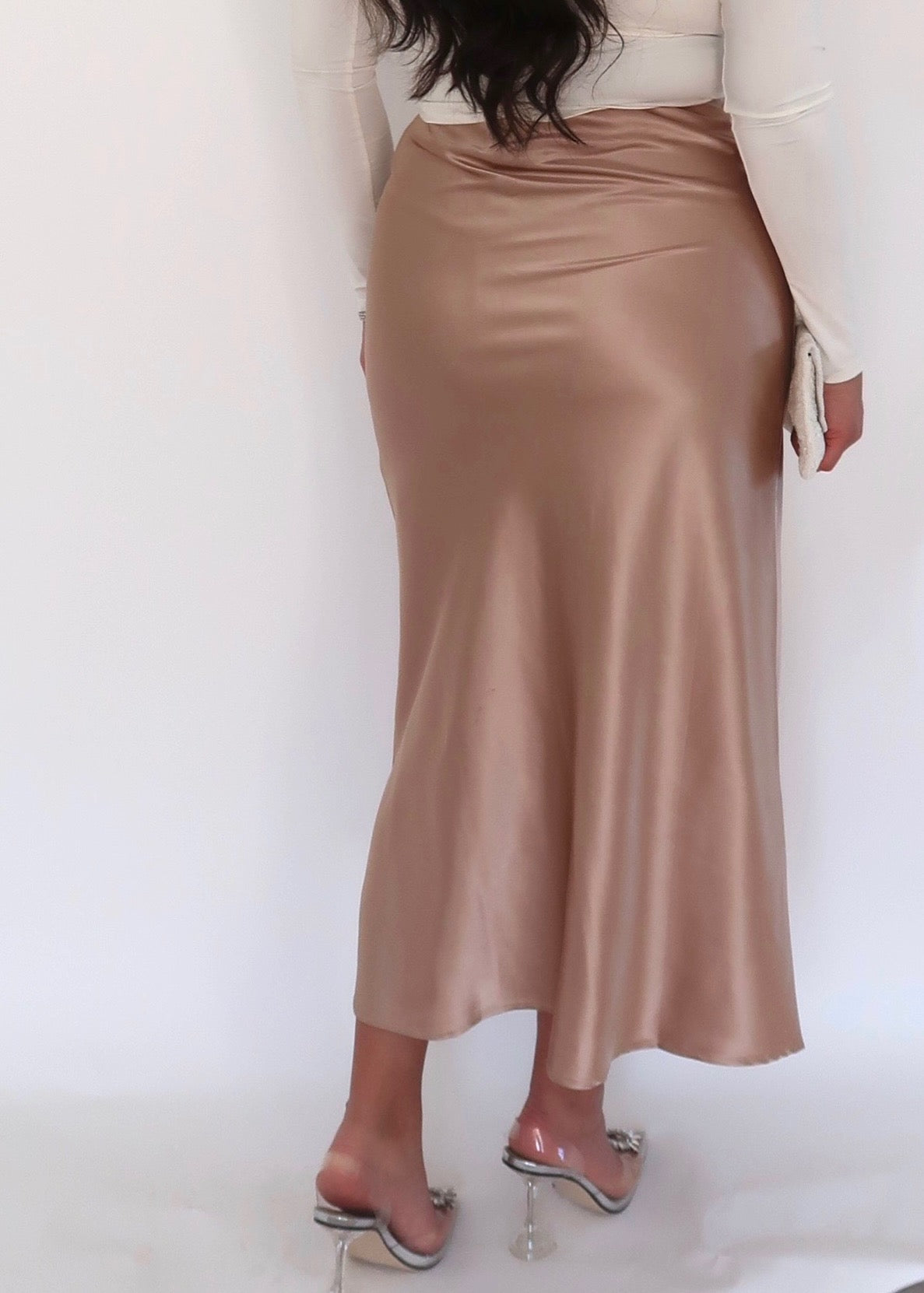 beige satin maxi skirt