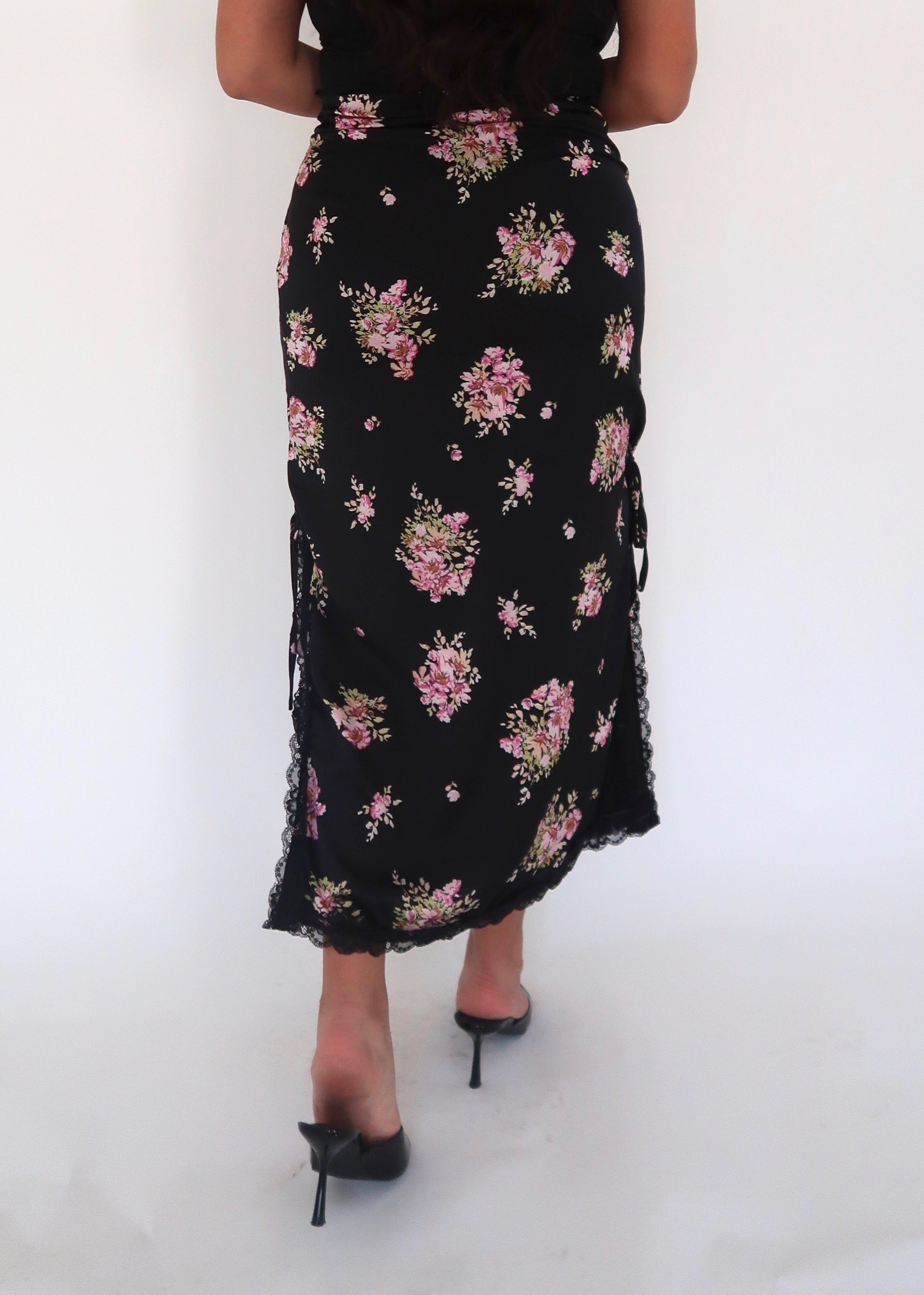 black pink floral lace maxi skirt 