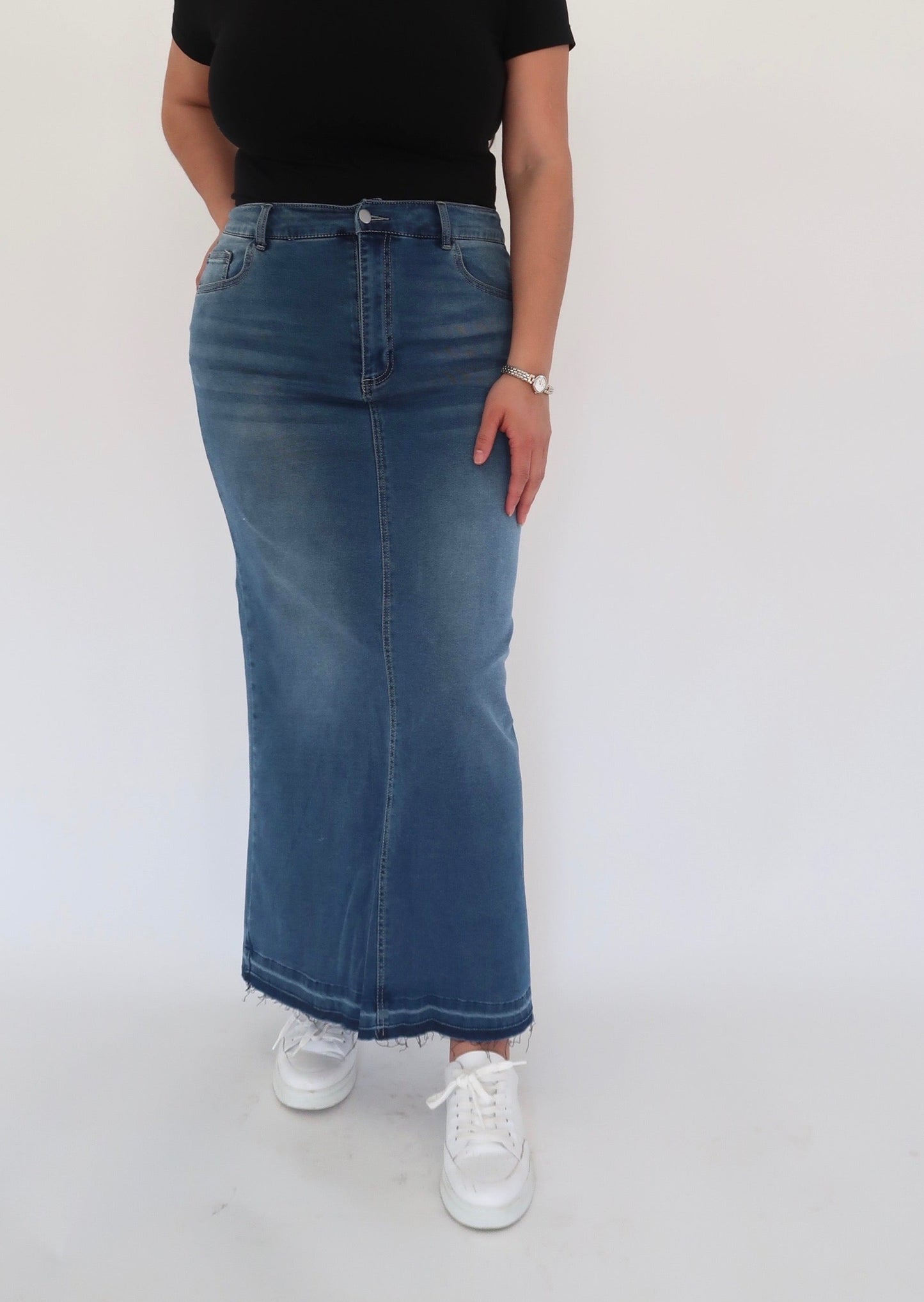 medium wash denim maxi skirt slit raw hemmaxi denim with back slit denim medium wash