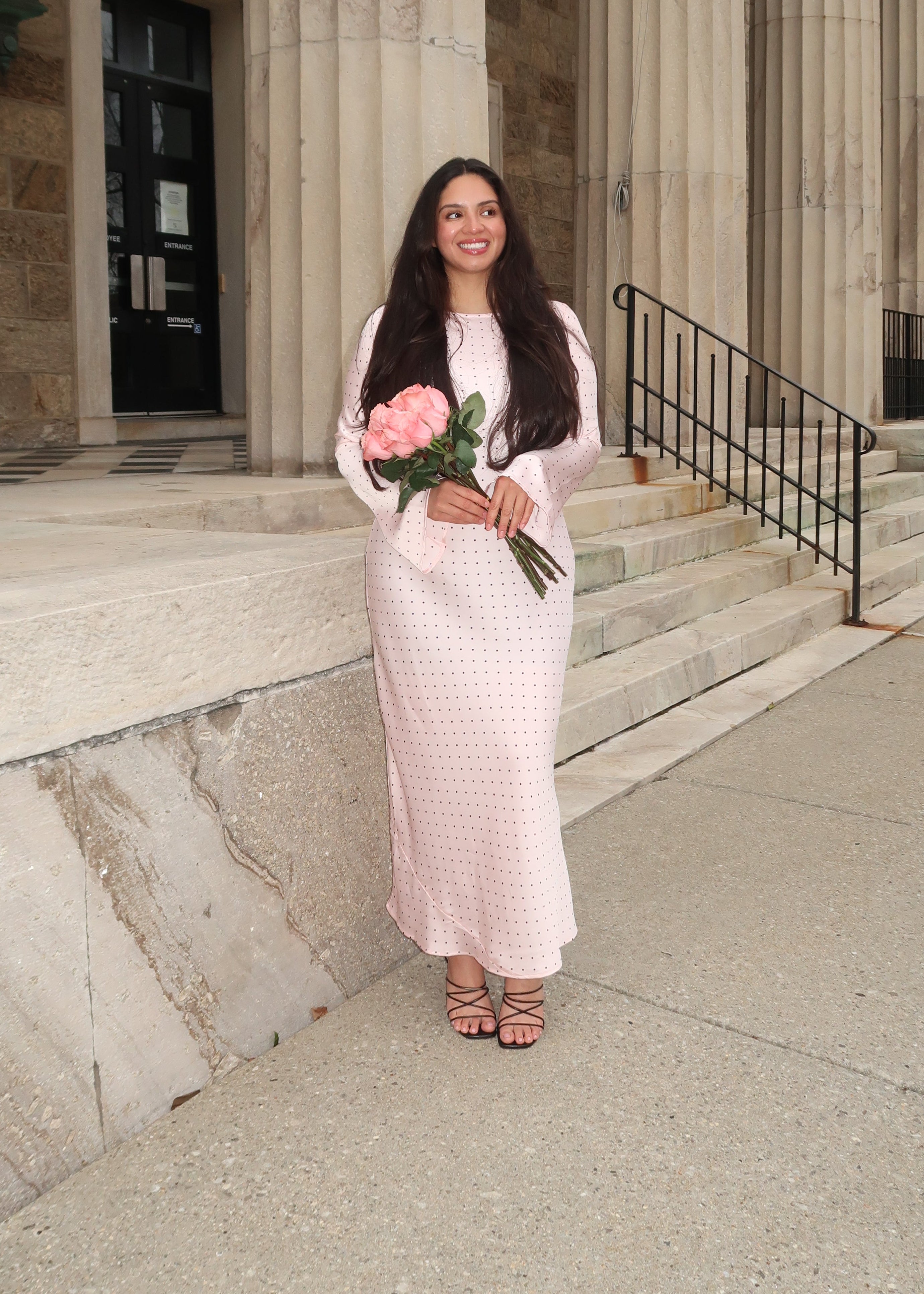 baby pink maxi dress, flare sleeve, polka dot, modest, spring/summer